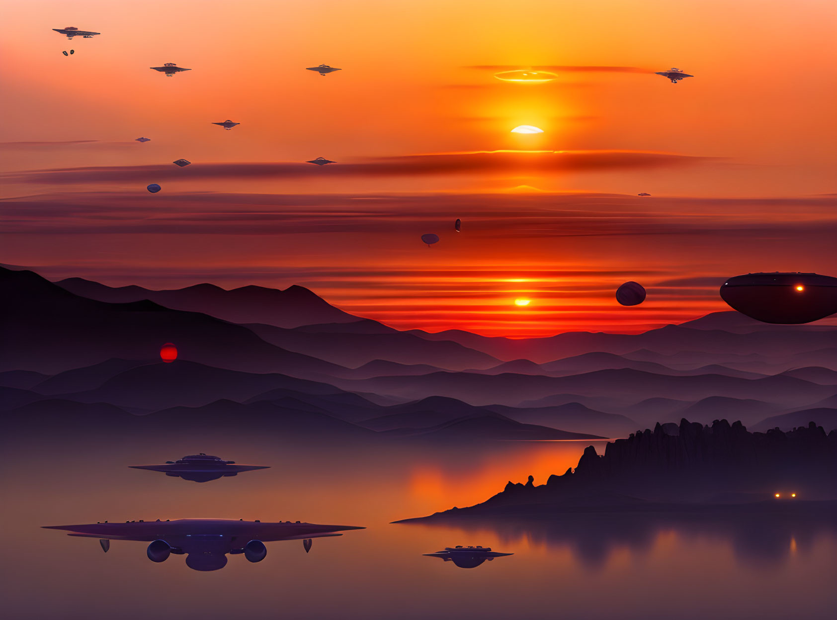 Silhouetted mountains in futuristic sunset landscape