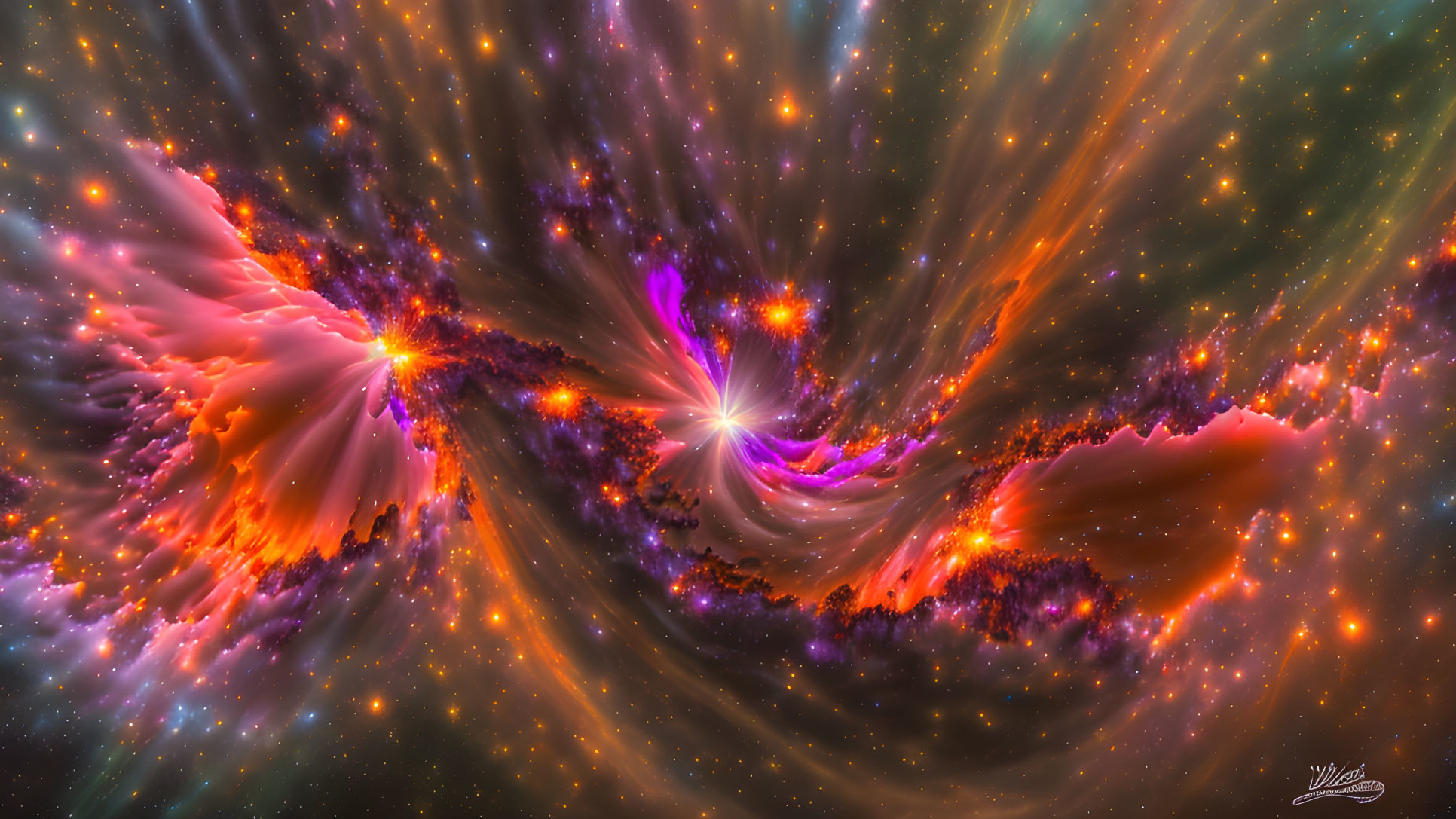 Colorful cosmic digital artwork with orange and purple nebulae and stars