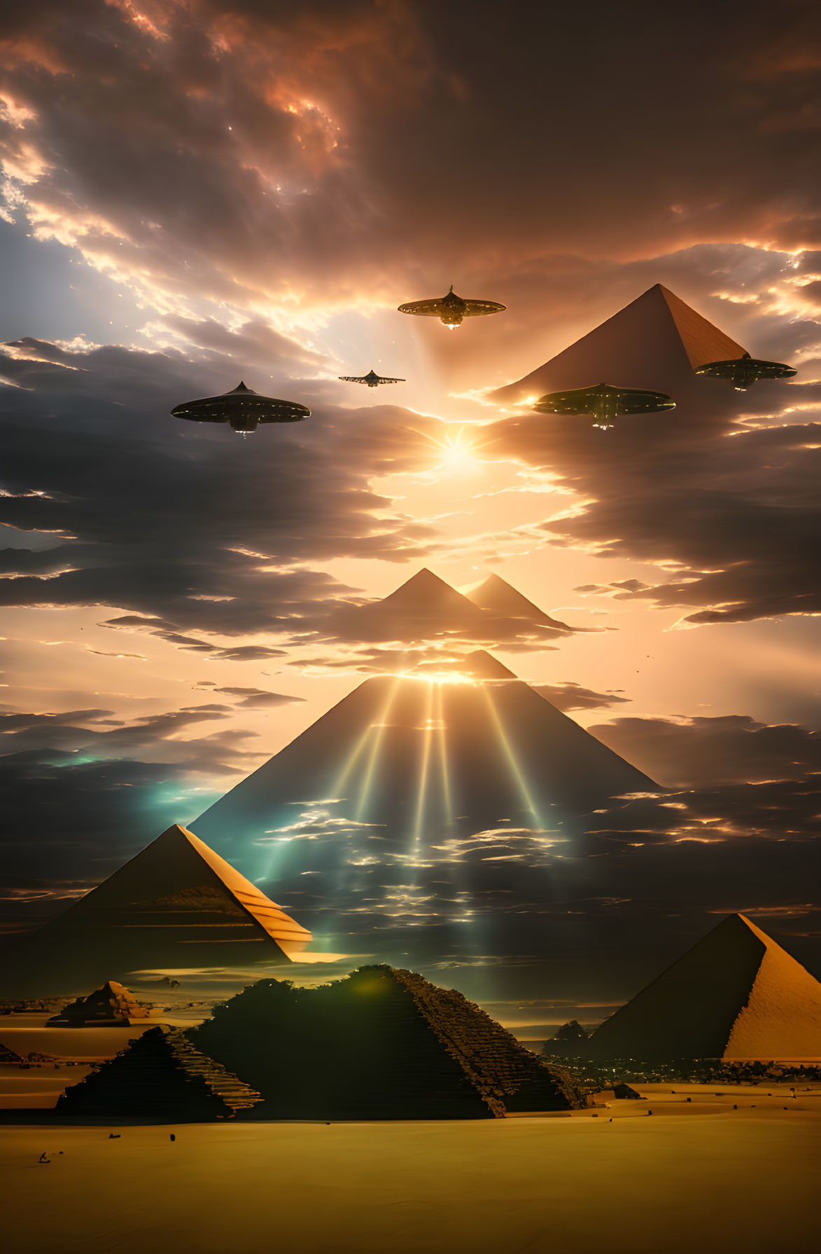 Vibrant sunset over Egyptian pyramids with UFOs in sky