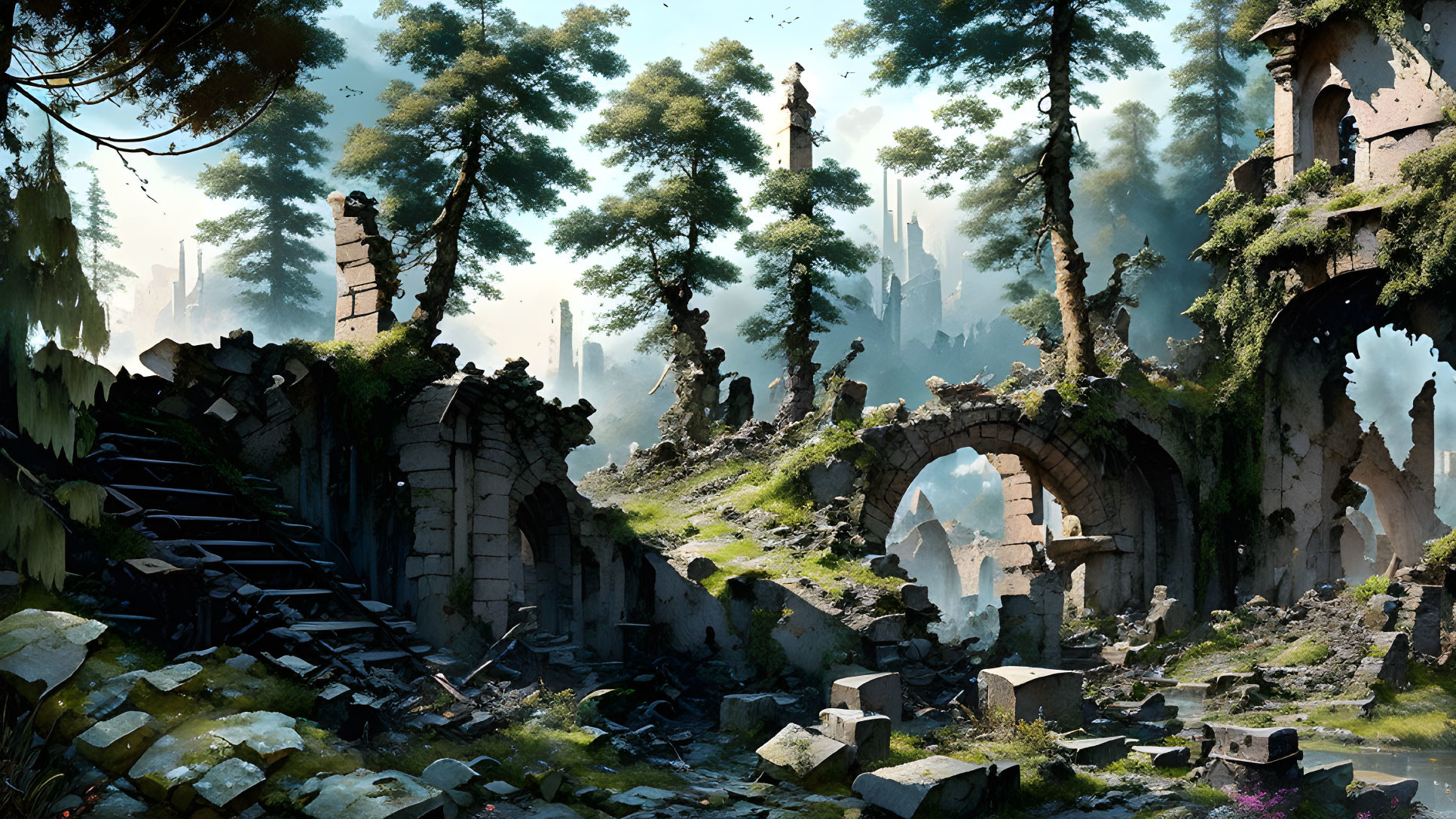 Ancient Stone Architecture Ruins in Forest Light