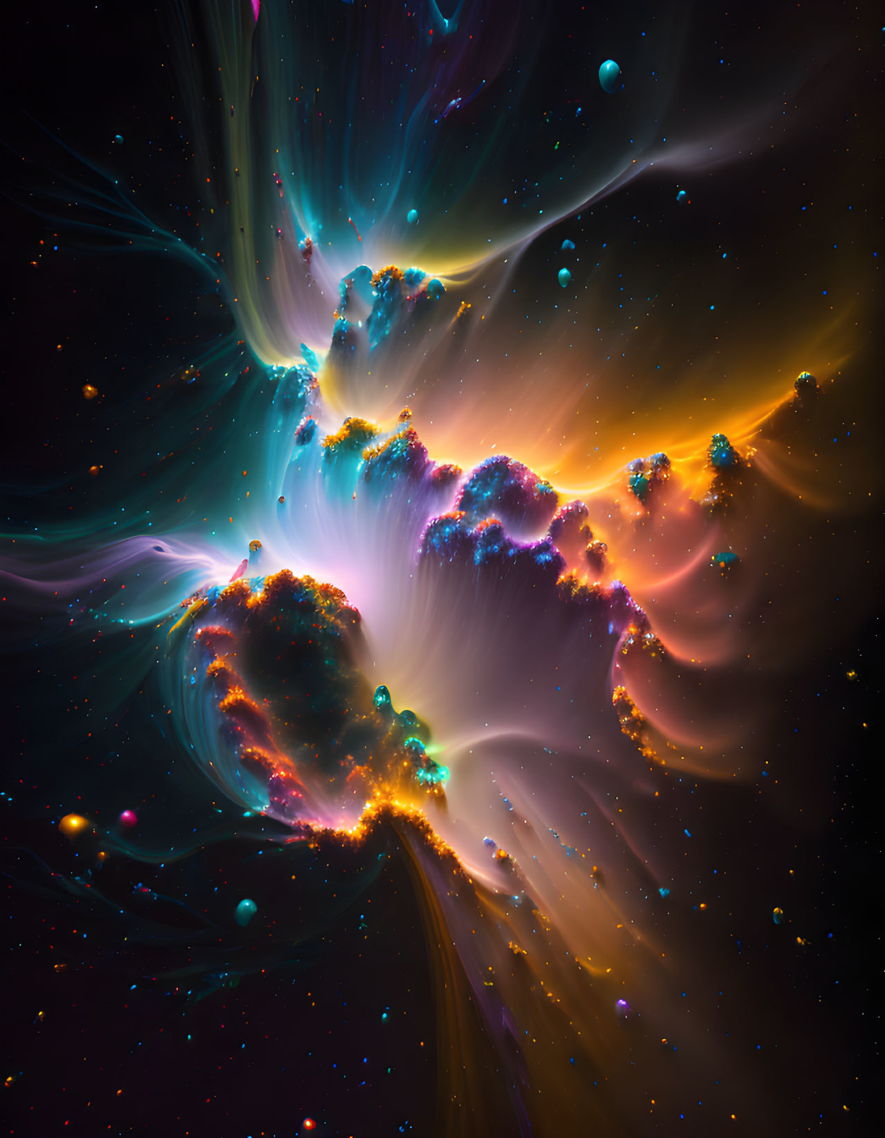 Colorful cosmic scene with swirling blue, orange, and yellow hues