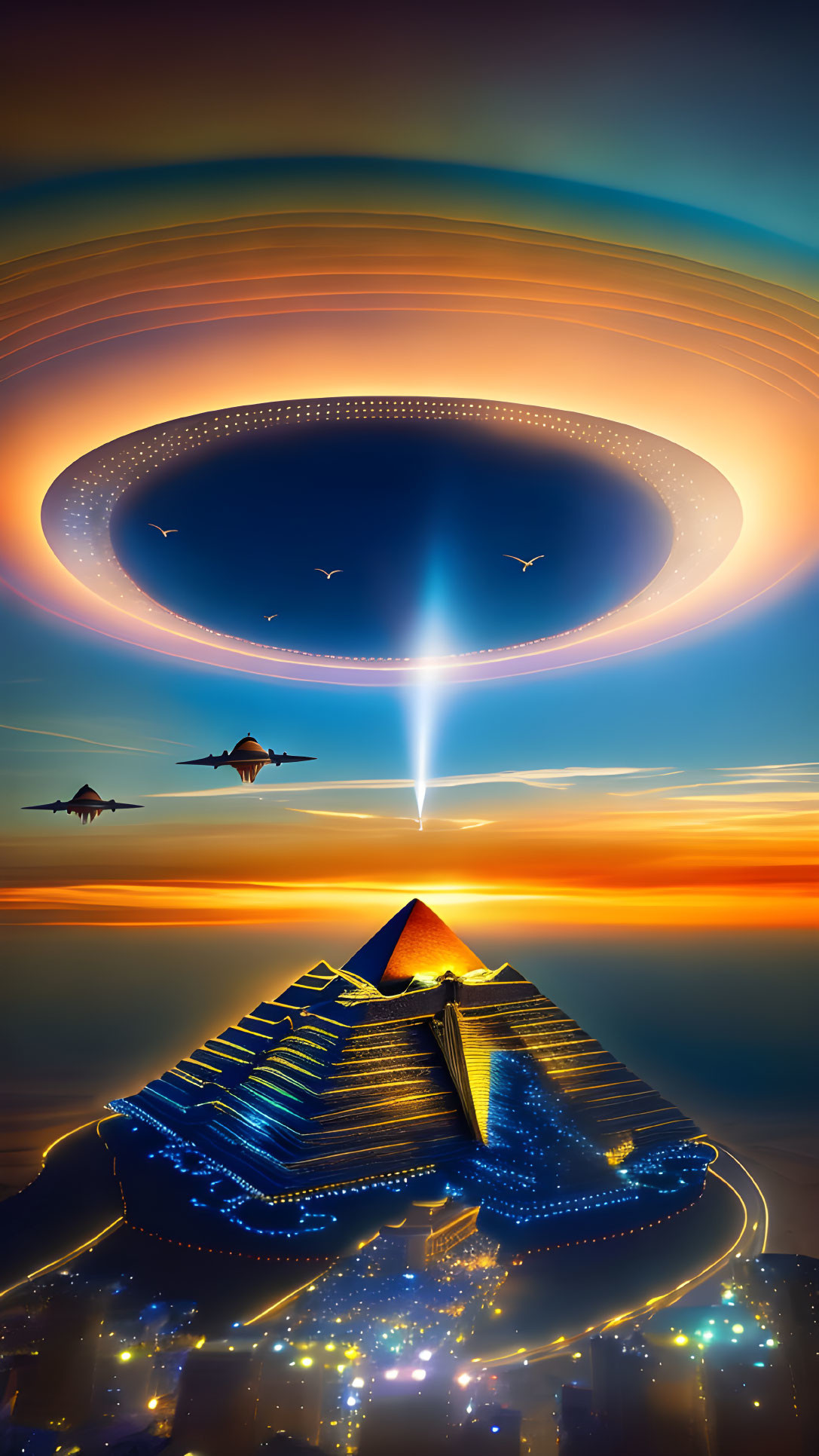 Large UFO emitting light beam over illuminated pyramid in futuristic scene