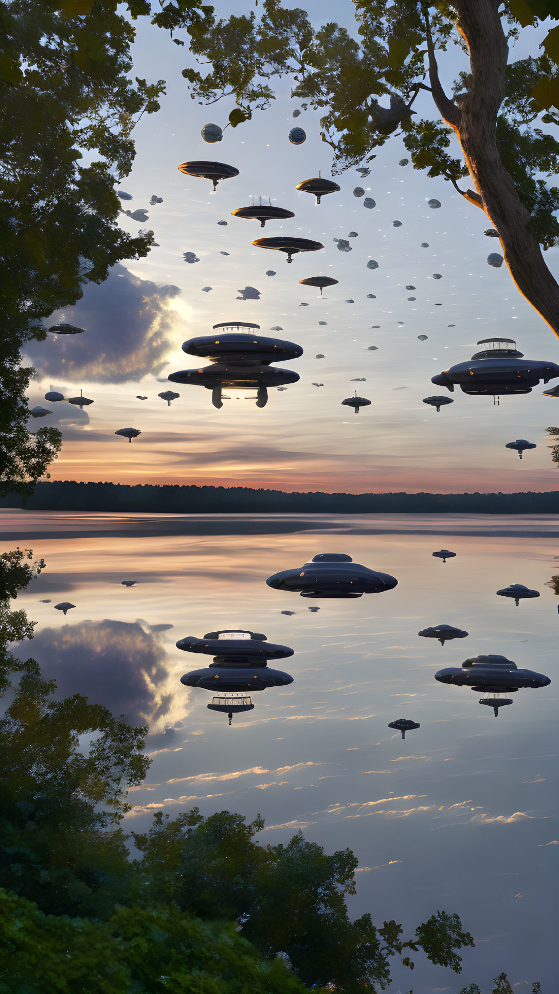 Tranquil sunset lake with tree and flying saucers reflected in water