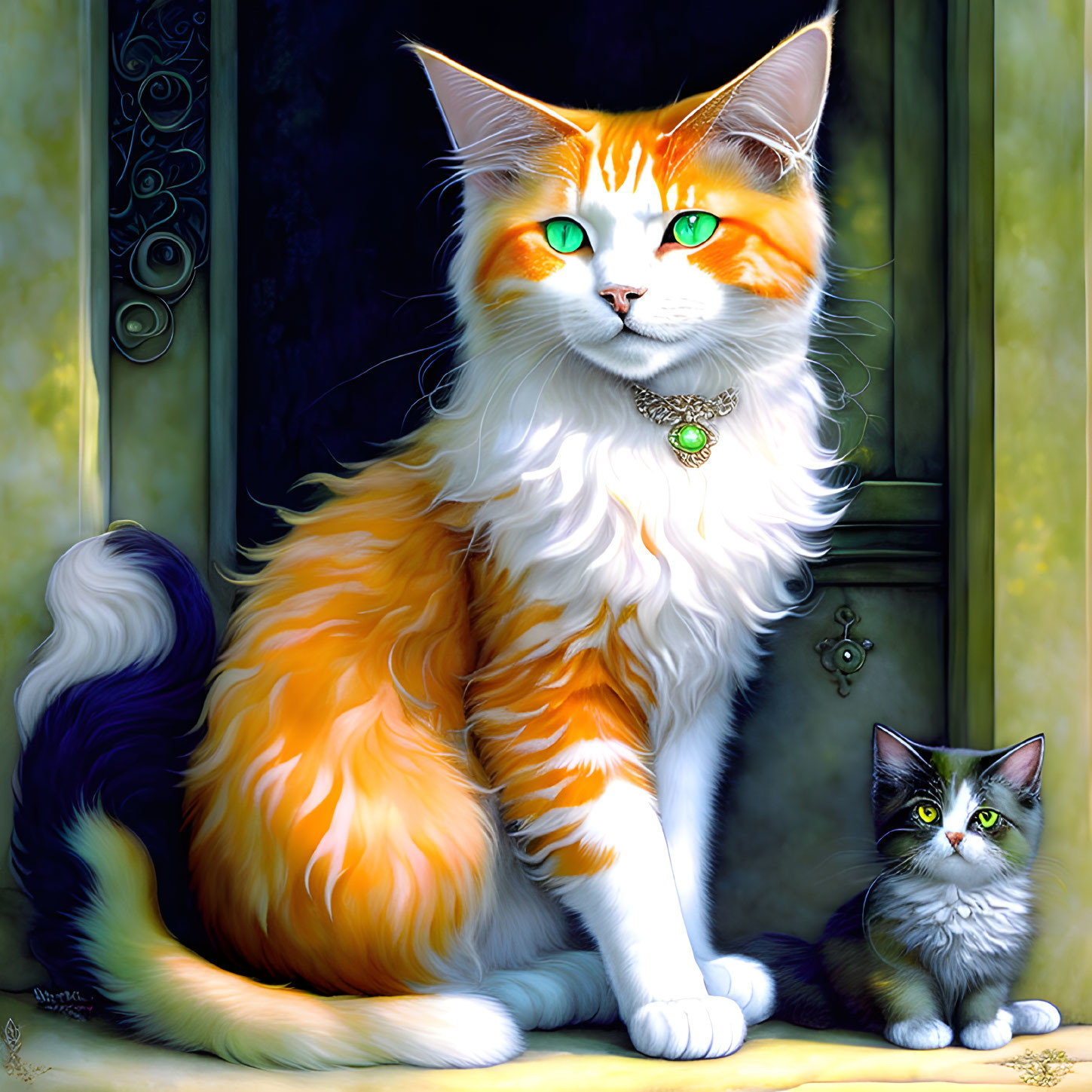 Digital painting: Two cats, orange and white adult with green eyes, and grey kitten by a door