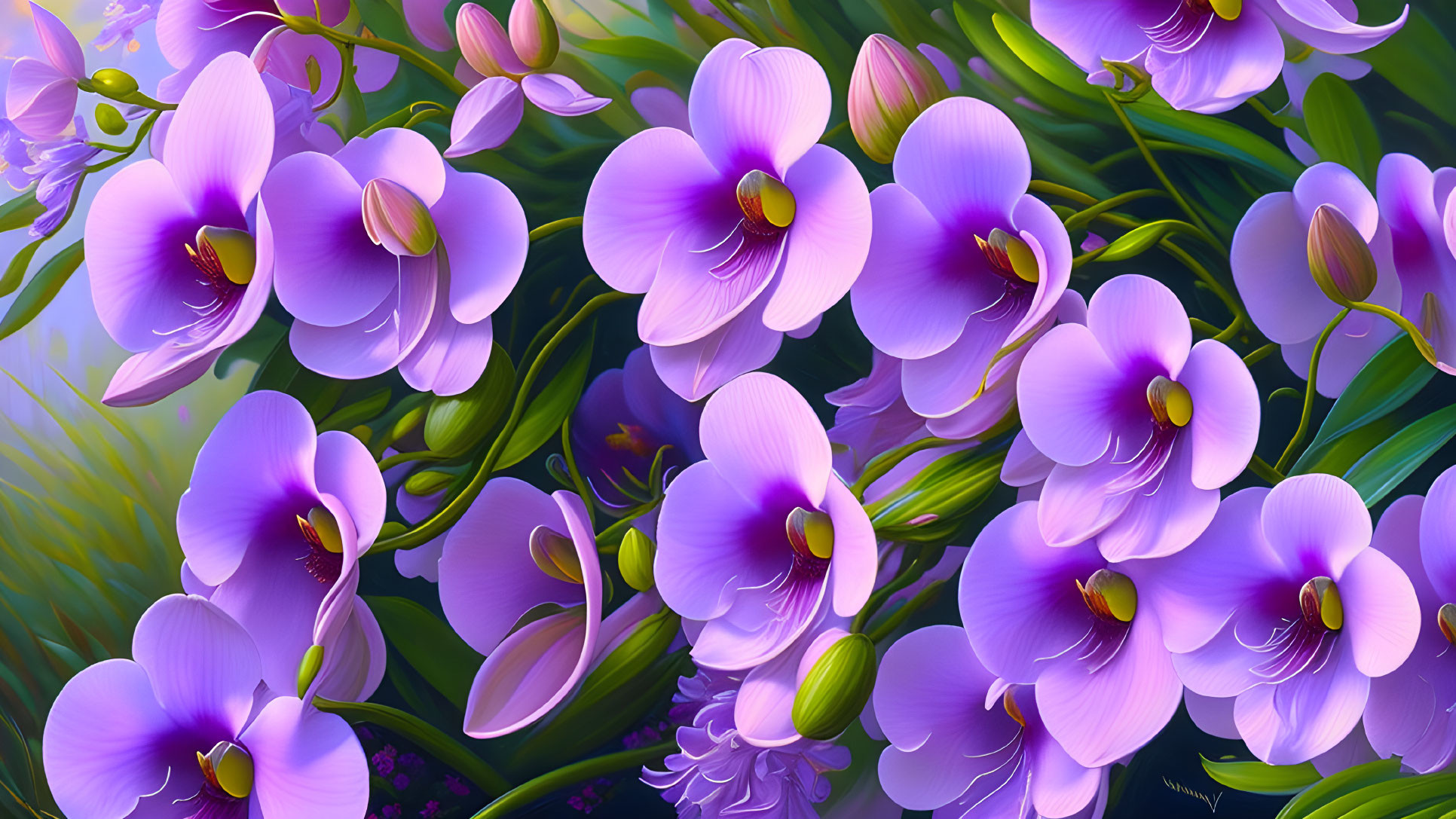 Vibrant Purple Orchids with Pink and White Centers on Green Leaves Background