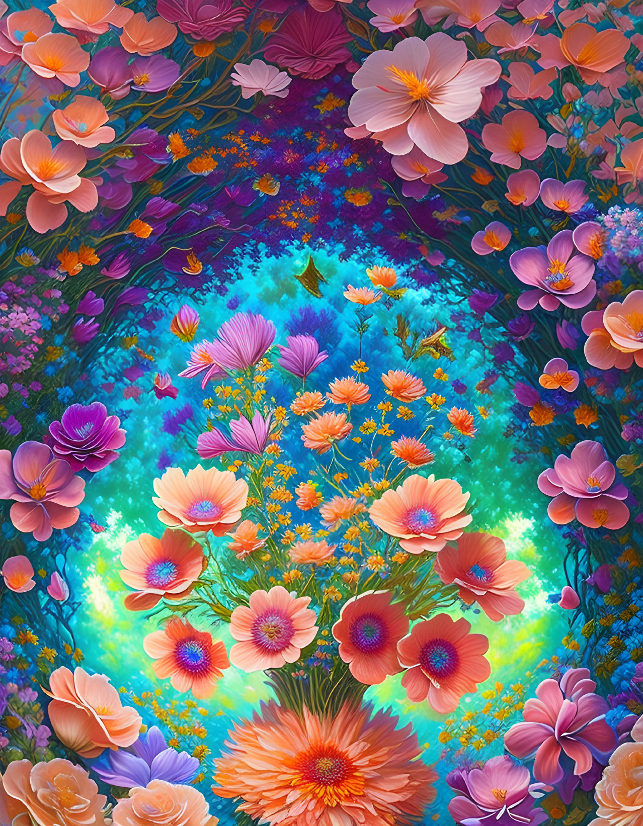 Colorful Floral Painting with Orange, Pink, and Purple Flowers on Blue Background