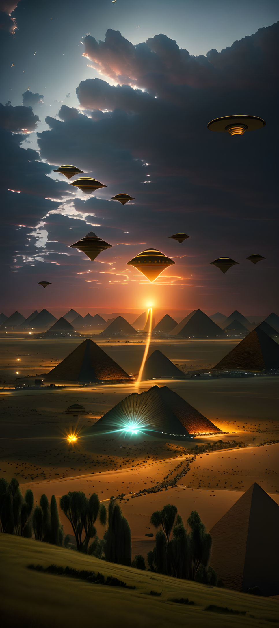 Multiple UFOs hover over desert with pyramids, beams of light.