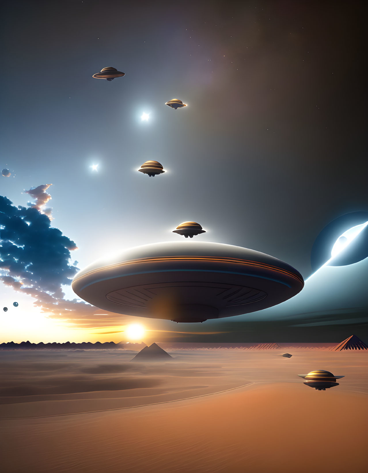 Digital art of UFOs over desert landscape with planets in sky