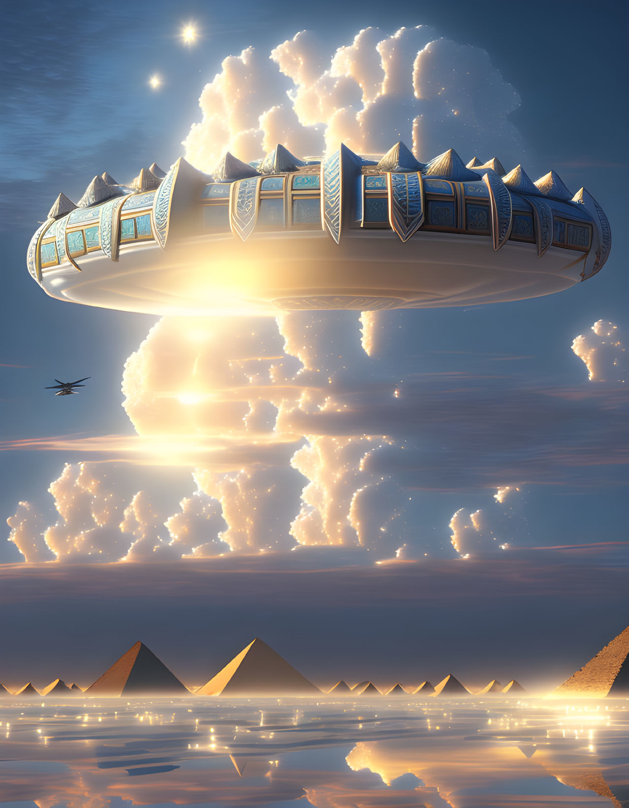 Futuristic airship over ancient Egyptian pyramids at sunset