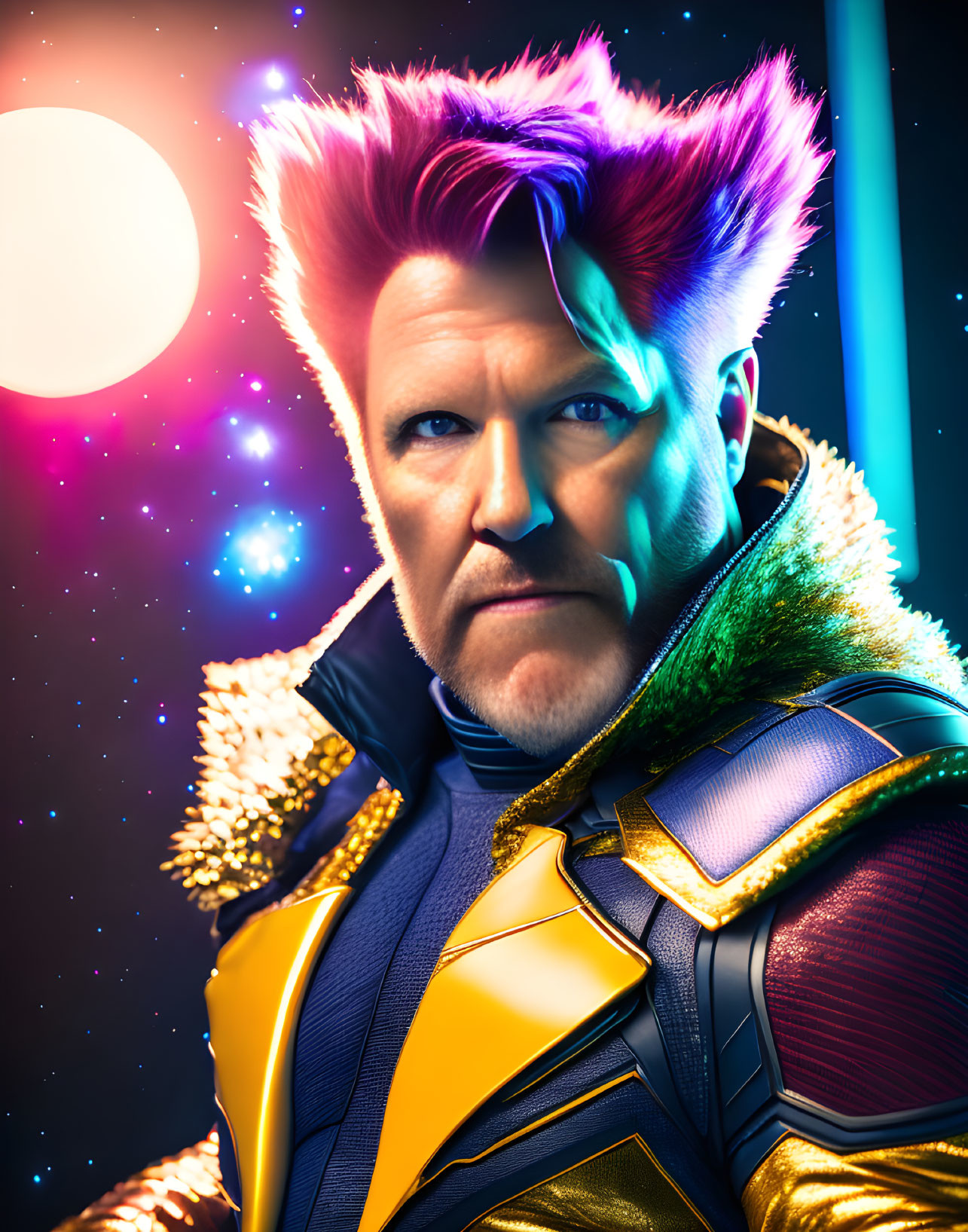 Vibrant portrait of person with spiked pink and blue hair in futuristic costume against cosmic backdrop