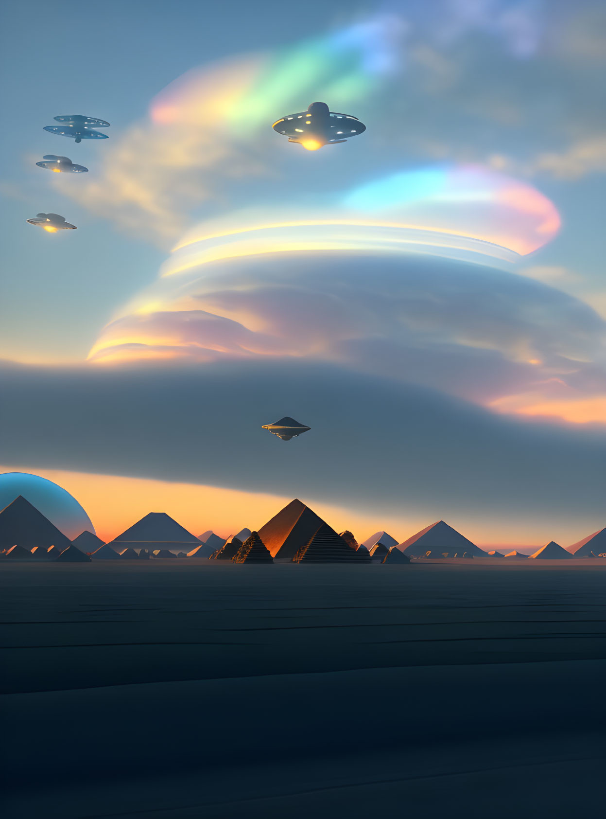 Pyramids under sunset sky with UFOs and ethereal lights.