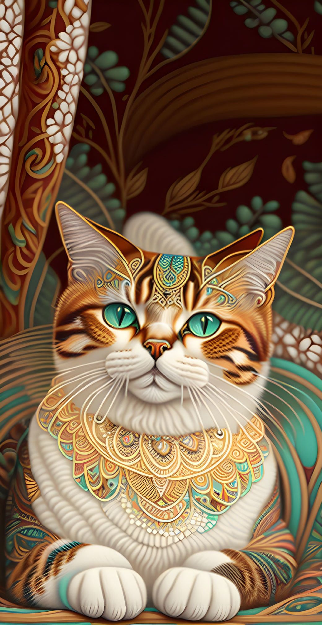 Intricate gold and green patterned cat on maroon floral background