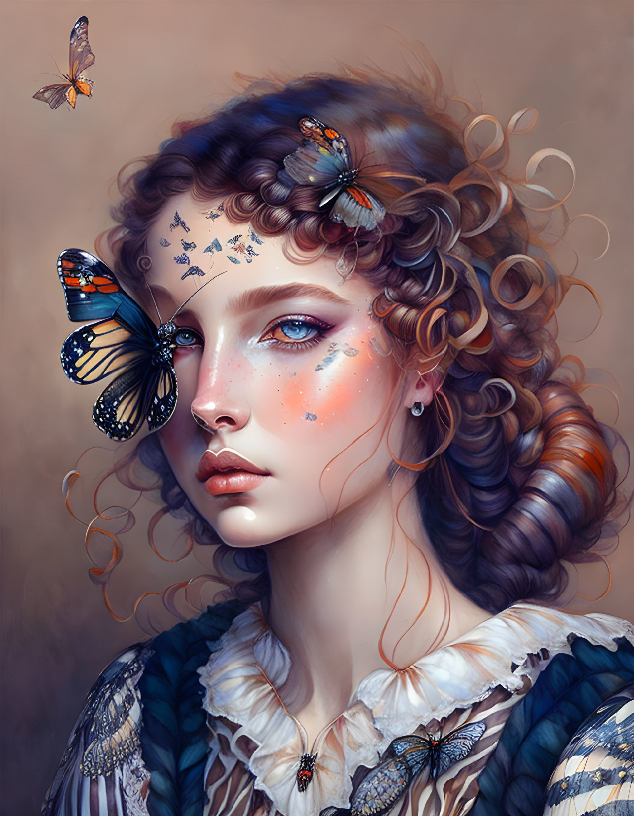 Digital portrait: Woman with intricate curly hair and butterflies, whimsical fantasy aesthetic