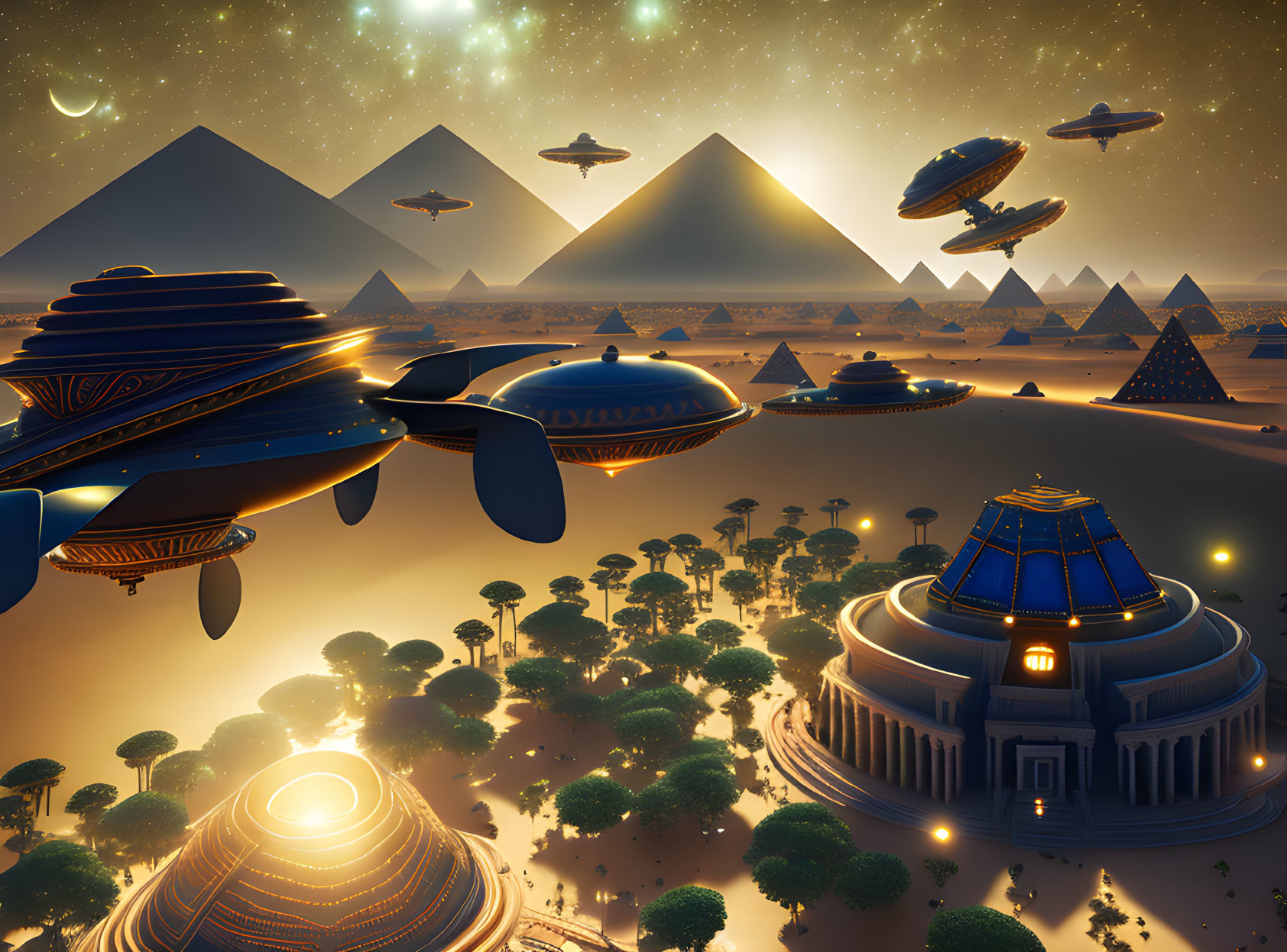 Futuristic pyramids and flying vehicles in dusk sky