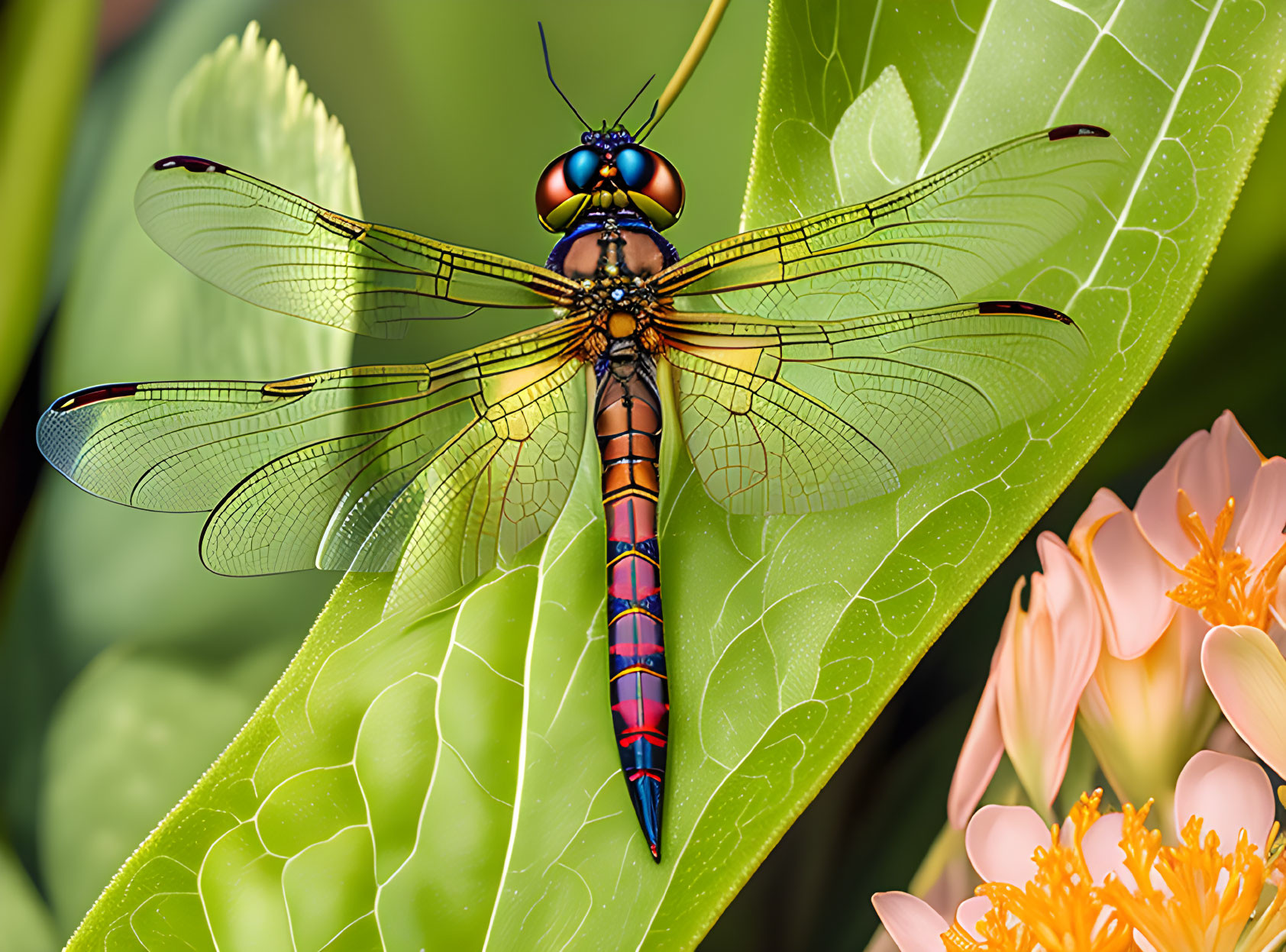 Colorful Dragonfly Resting on Green Leaf with Blurred Background