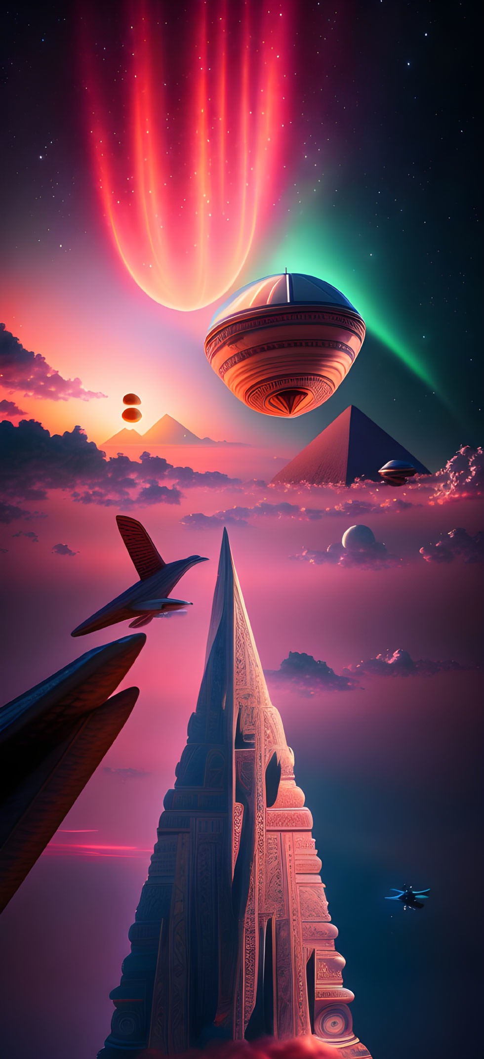 Futuristic sci-fi landscape with spaceship, structures, and exotic aircraft