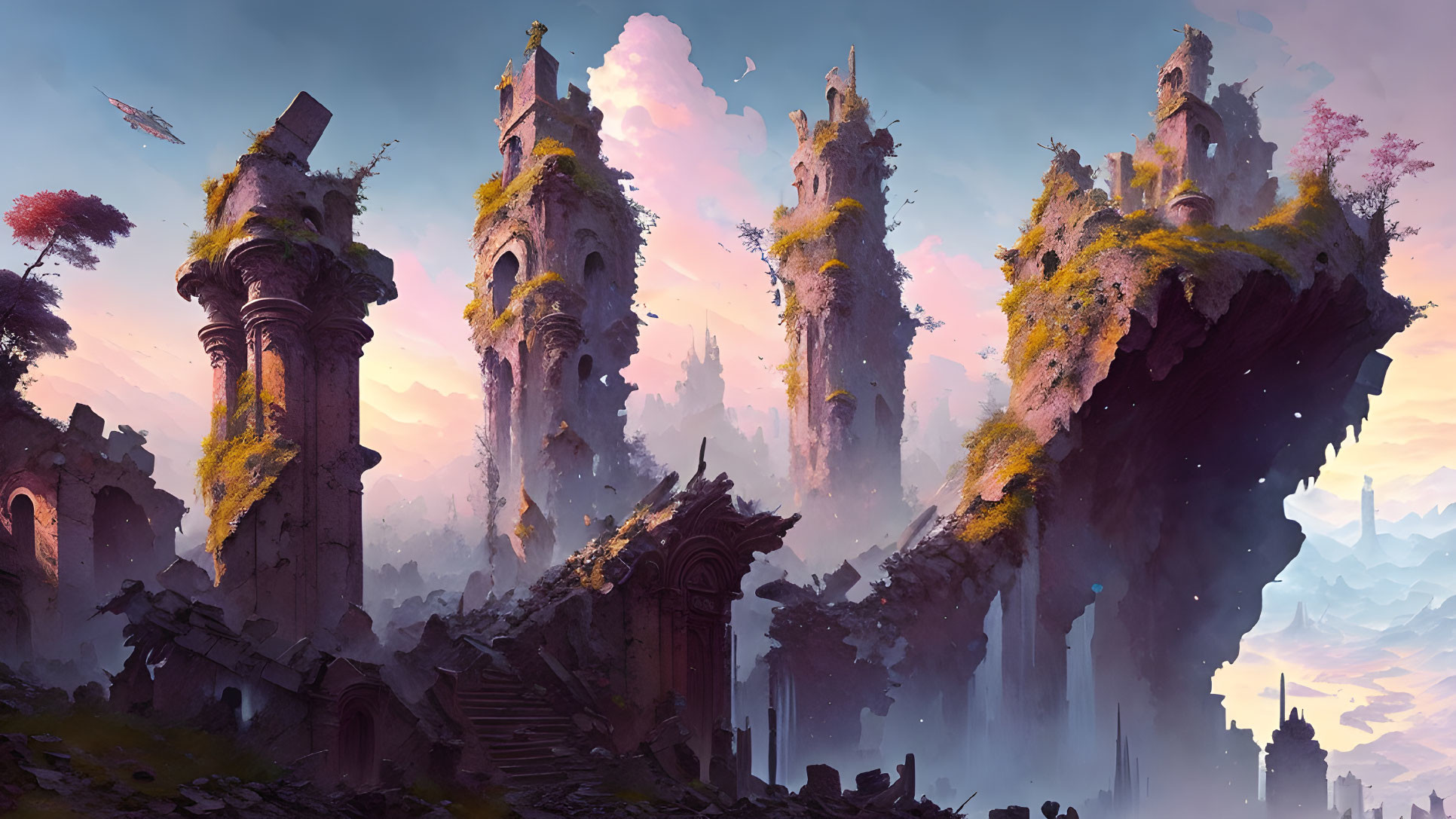 Ruins of towering columns and arches on cliffs with flying ship in pastel sky