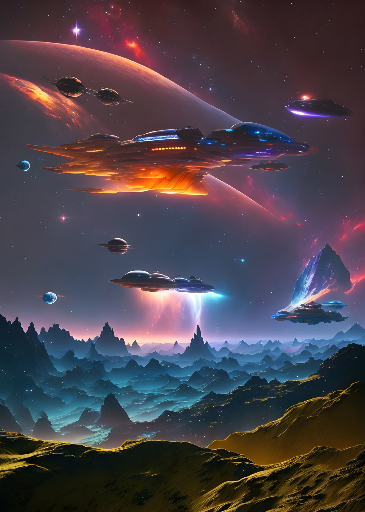 Alien planet with spaceships and cosmic sky