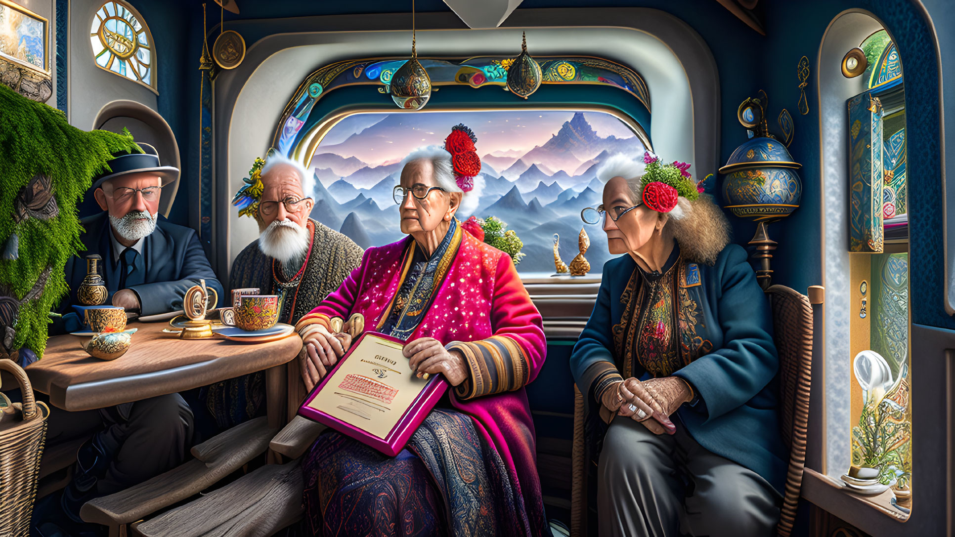 Elderly individuals in traditional attire in ornate train compartment with mountain view.