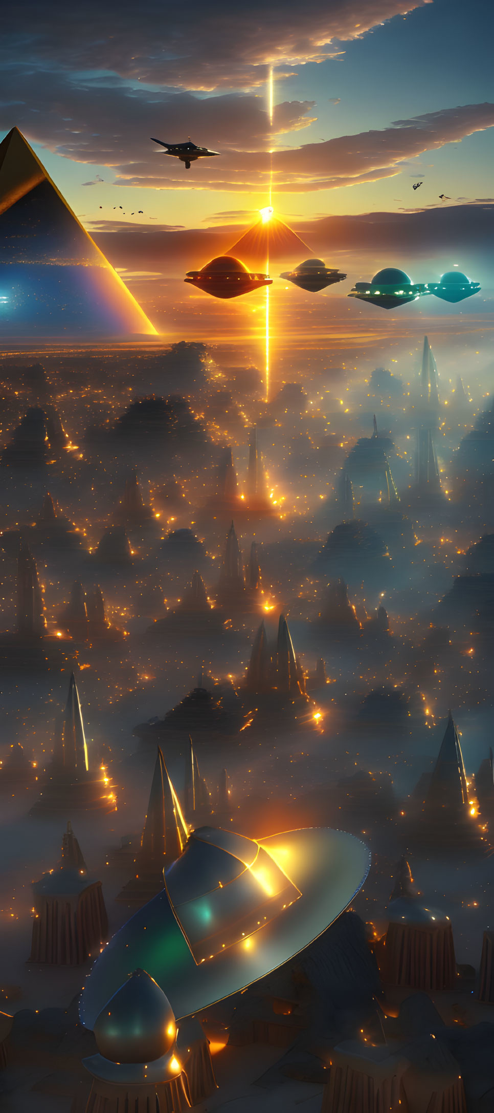 Futuristic cityscape with pyramids, flying vehicles, and warm sun glow