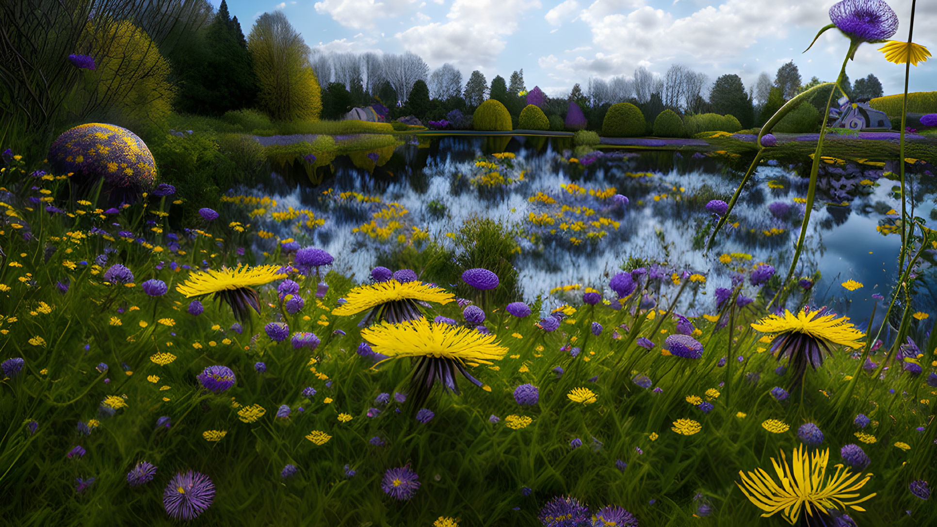 Colorful Yellow and Purple Flowers with Tranquil Pond and Lush Trees