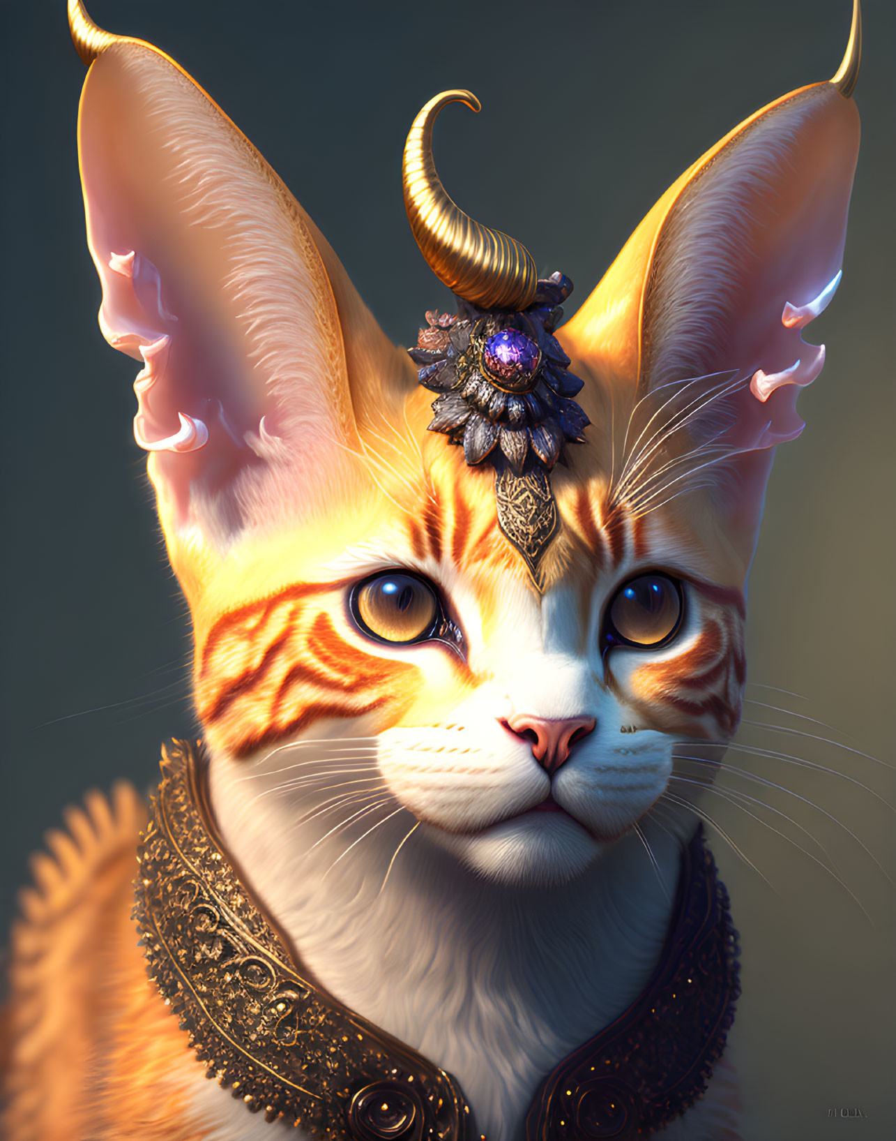 Fantasy illustration of cat with golden horns and jewelry