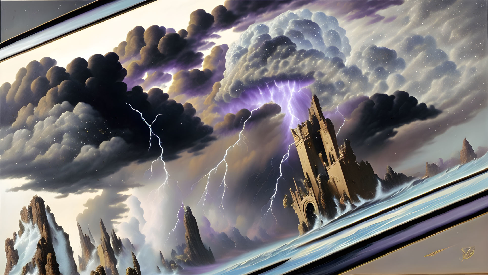 Fantasy landscape with stormy sky, castle, lightning bolts, dark clouds.