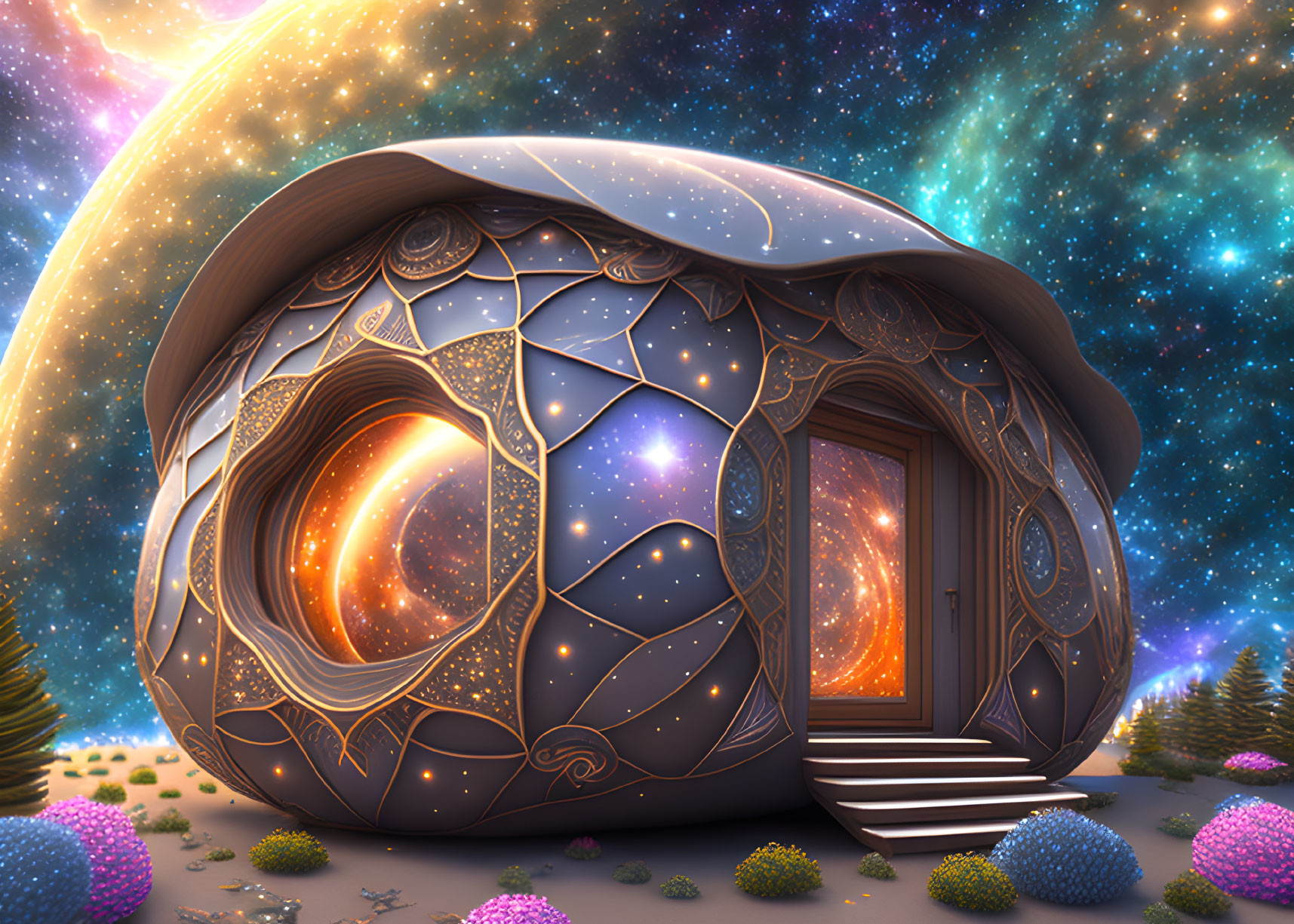 Cosmic-themed dwelling with glowing portal window in starry space landscape