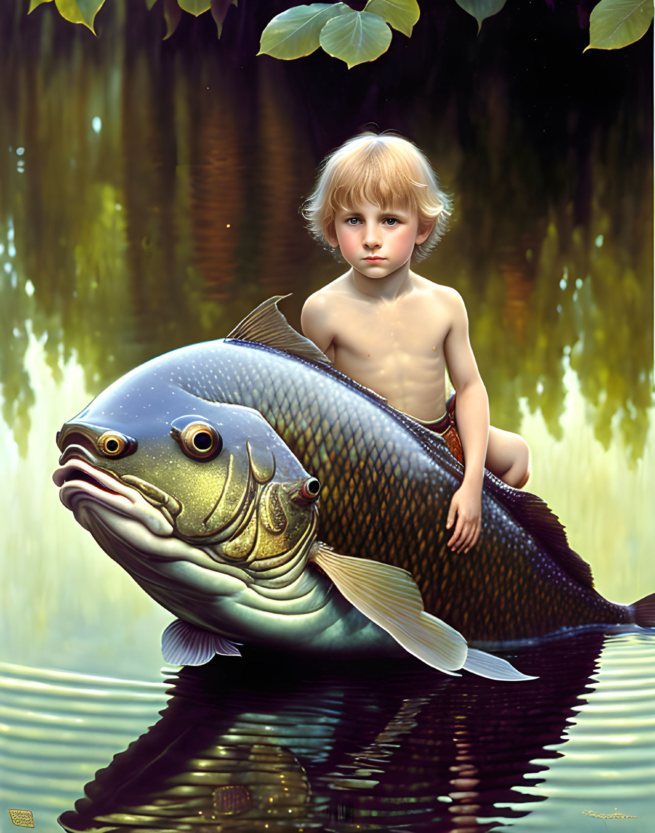 Child on giant fish in serene waters with lush green backdrop.