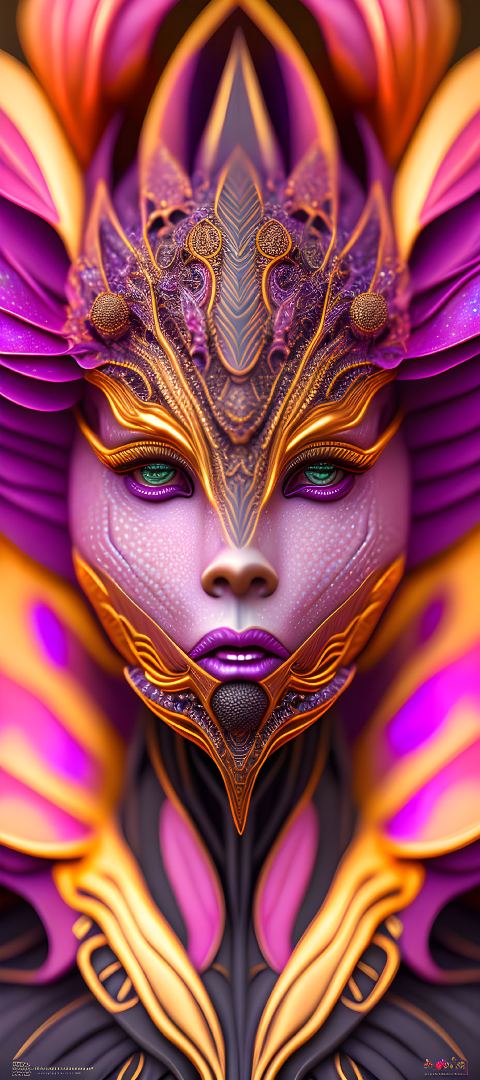 Intricate purple and gold mask on person in vibrant digital art