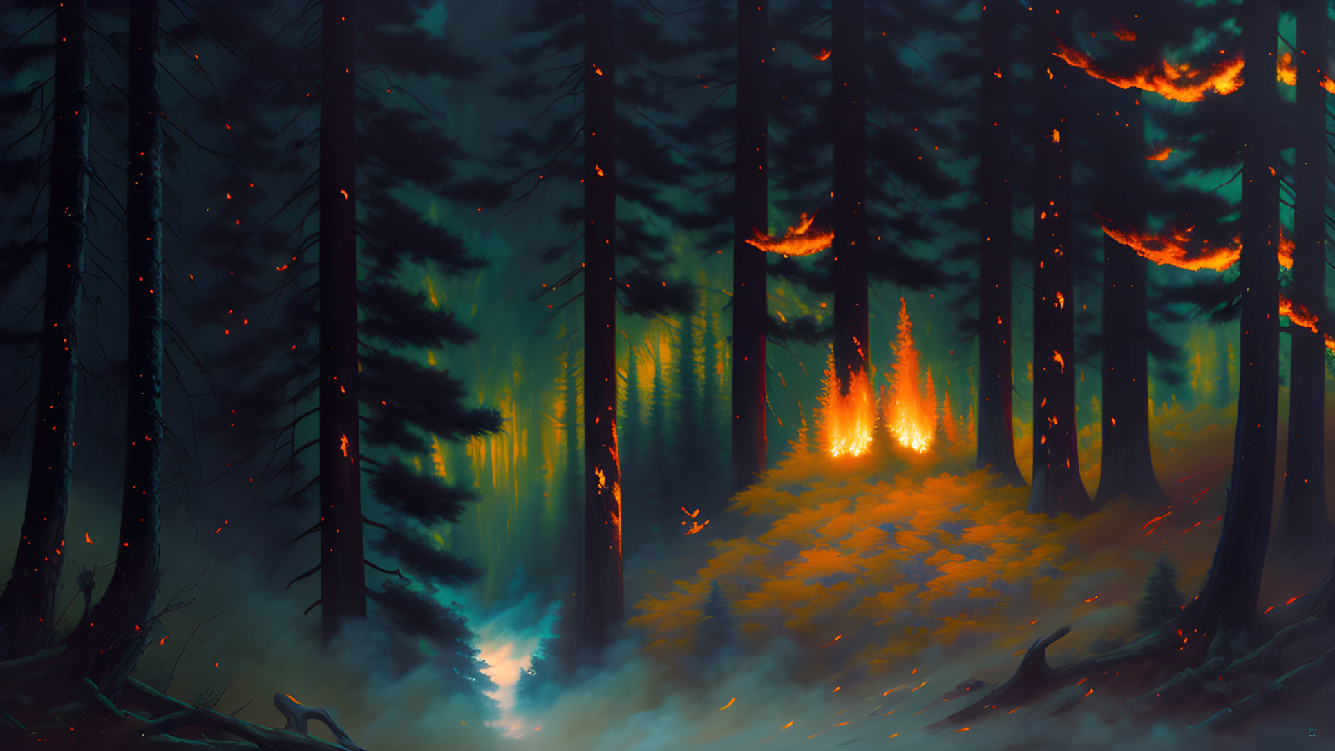 Twilight mystical forest with tall trees and fiery leaves