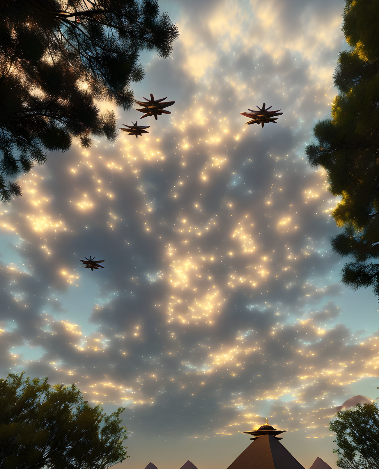 Starry evening sky over silhouetted pine trees & pyramids