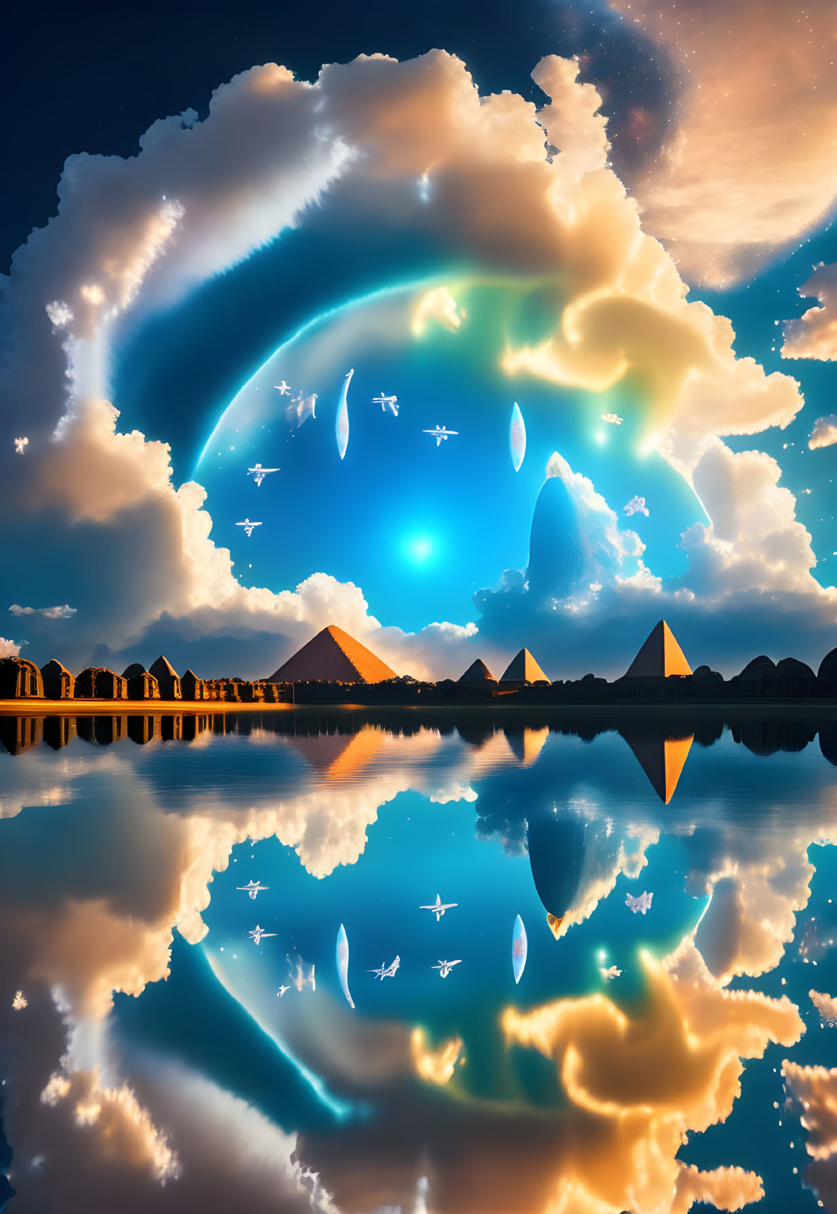 Surreal landscape with pyramids, reflective lake, cosmic portals, and flying whales