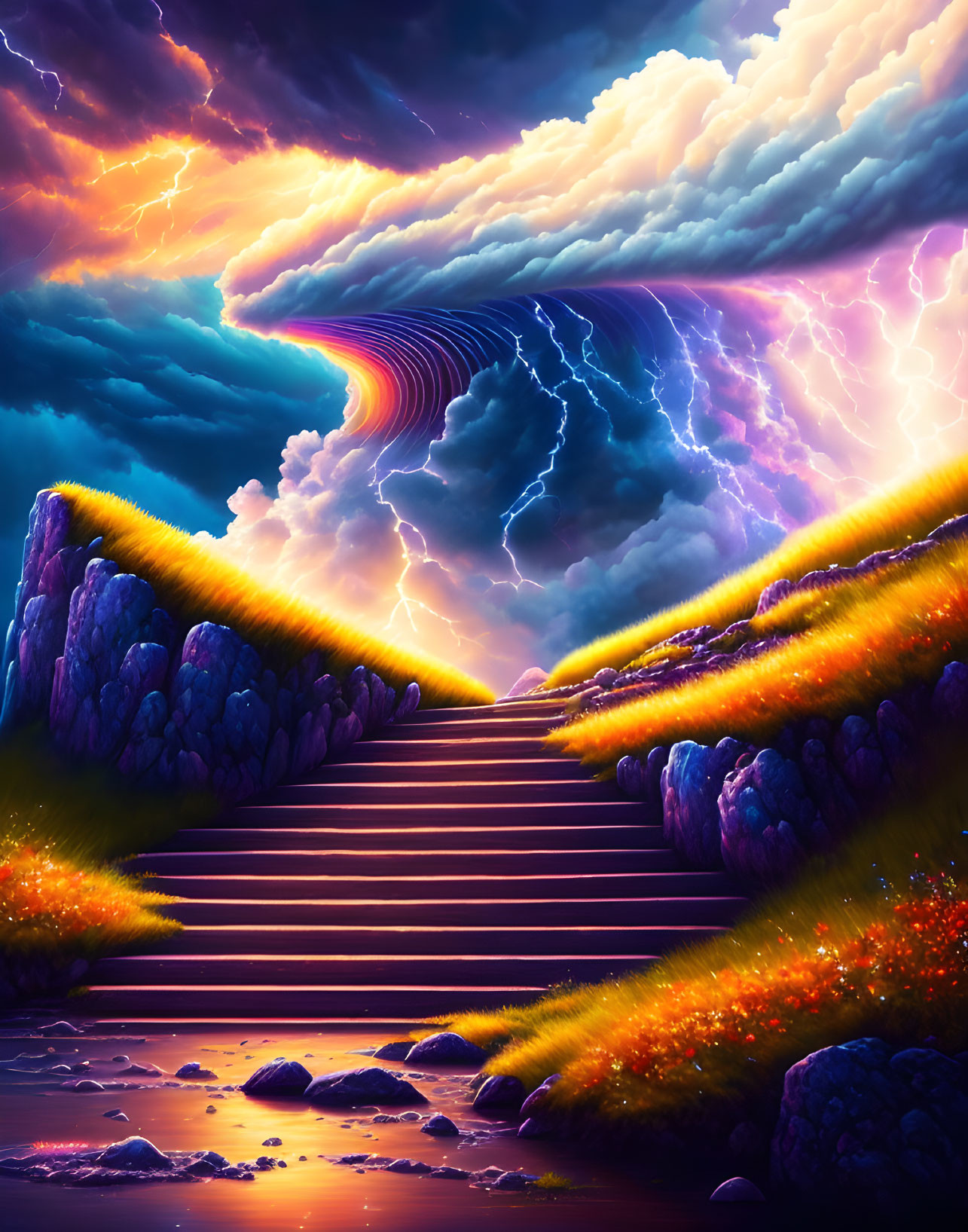 Vibrant digital artwork: surreal landscape with staircase, glowing flora, stormy sky.