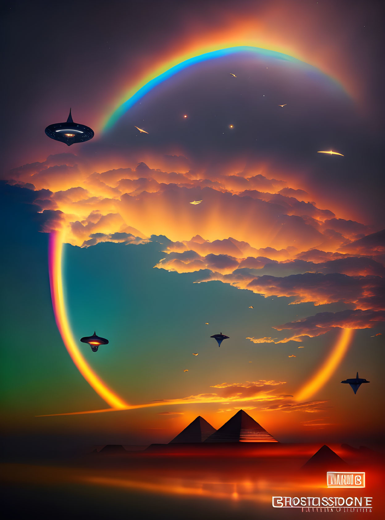 Digital artwork: Surreal sunset with pyramids, double rainbow, flying saucers