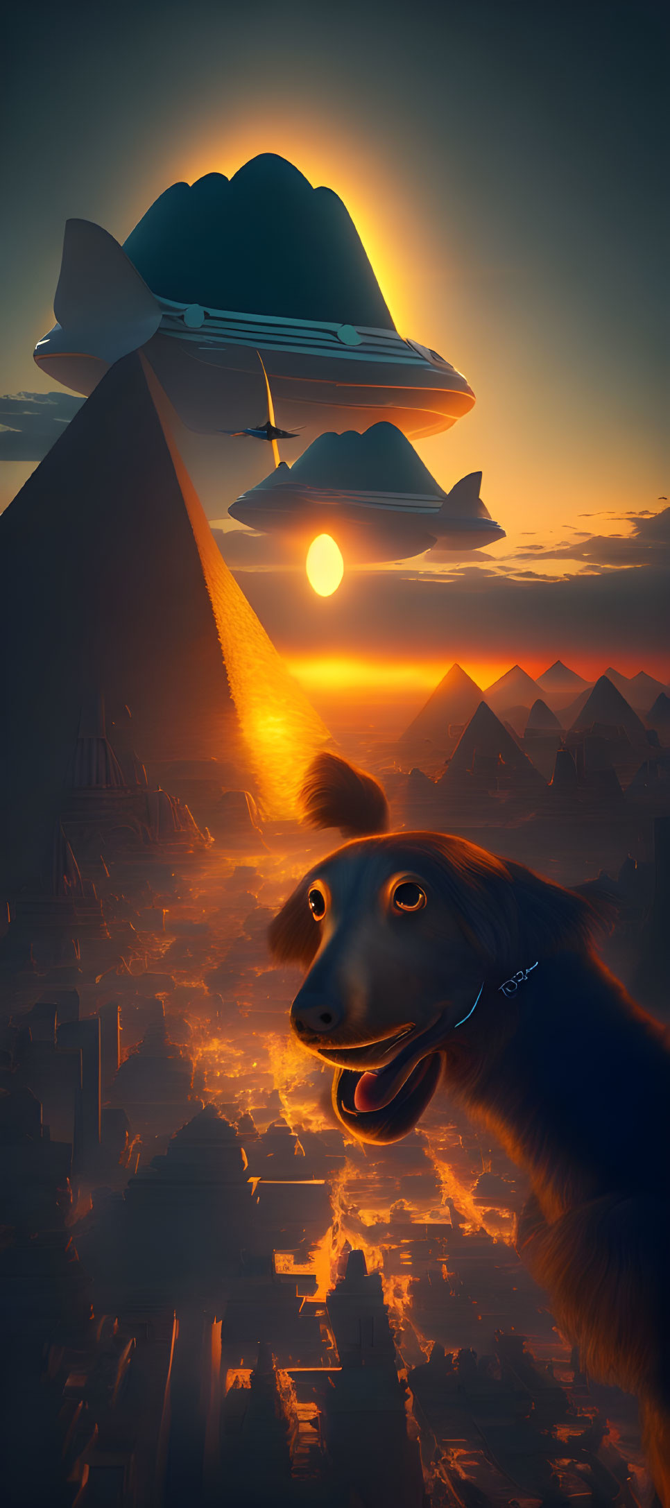 Surreal image: Giant dog head over Egyptian cityscape at sunset