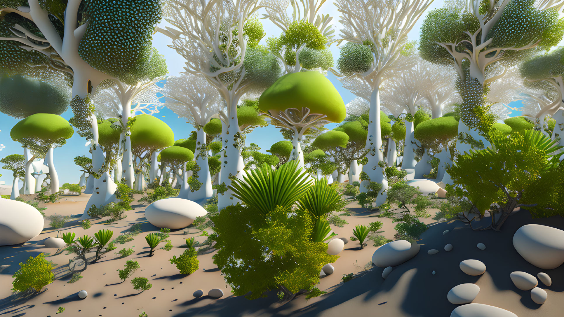 Surreal forest with oversized greenery and white stones