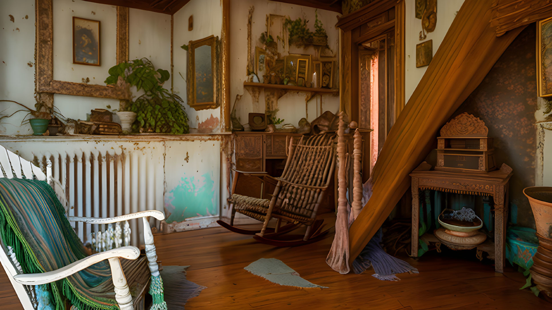 Vintage room with rocking chair, rustic decor, potted plants, antique radiator & sunlight.