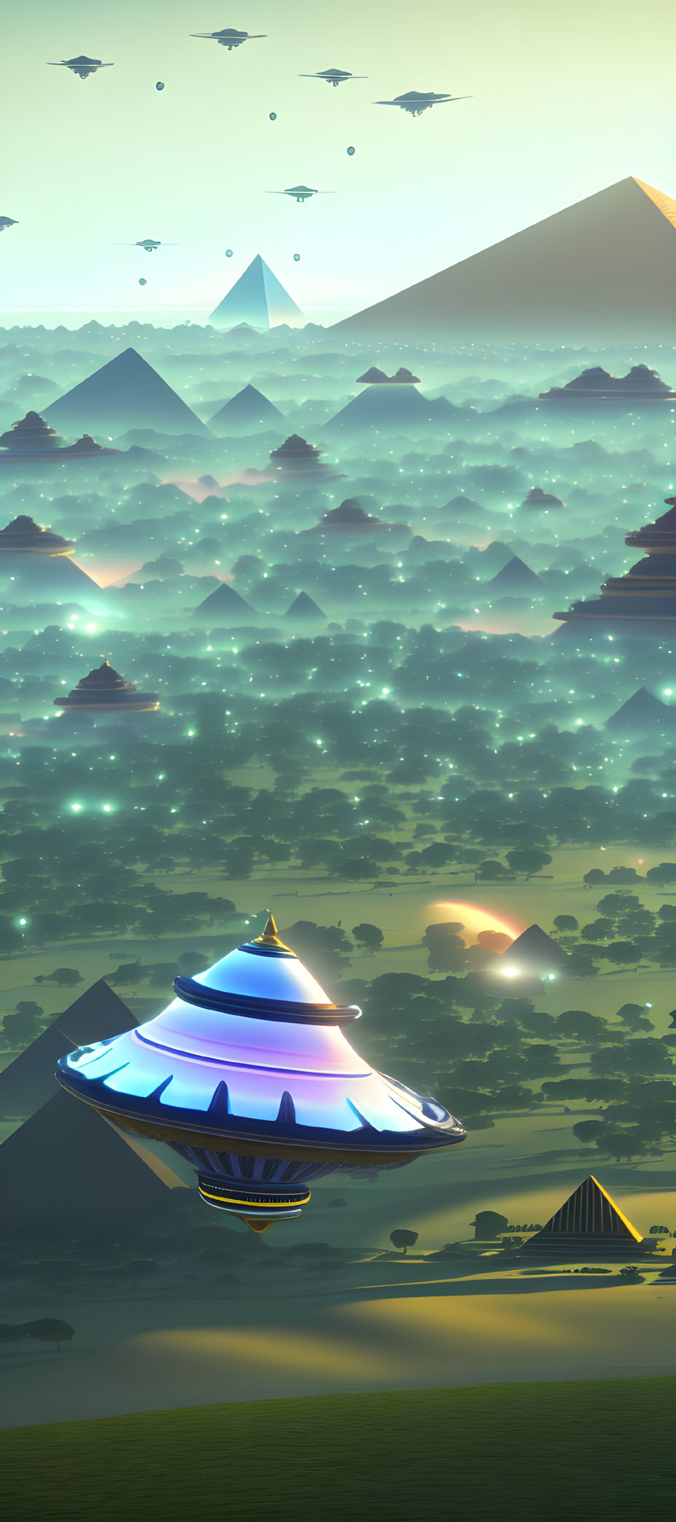 Futuristic landscape with pyramids, illuminated fields, flying saucers, and UFO at dawn