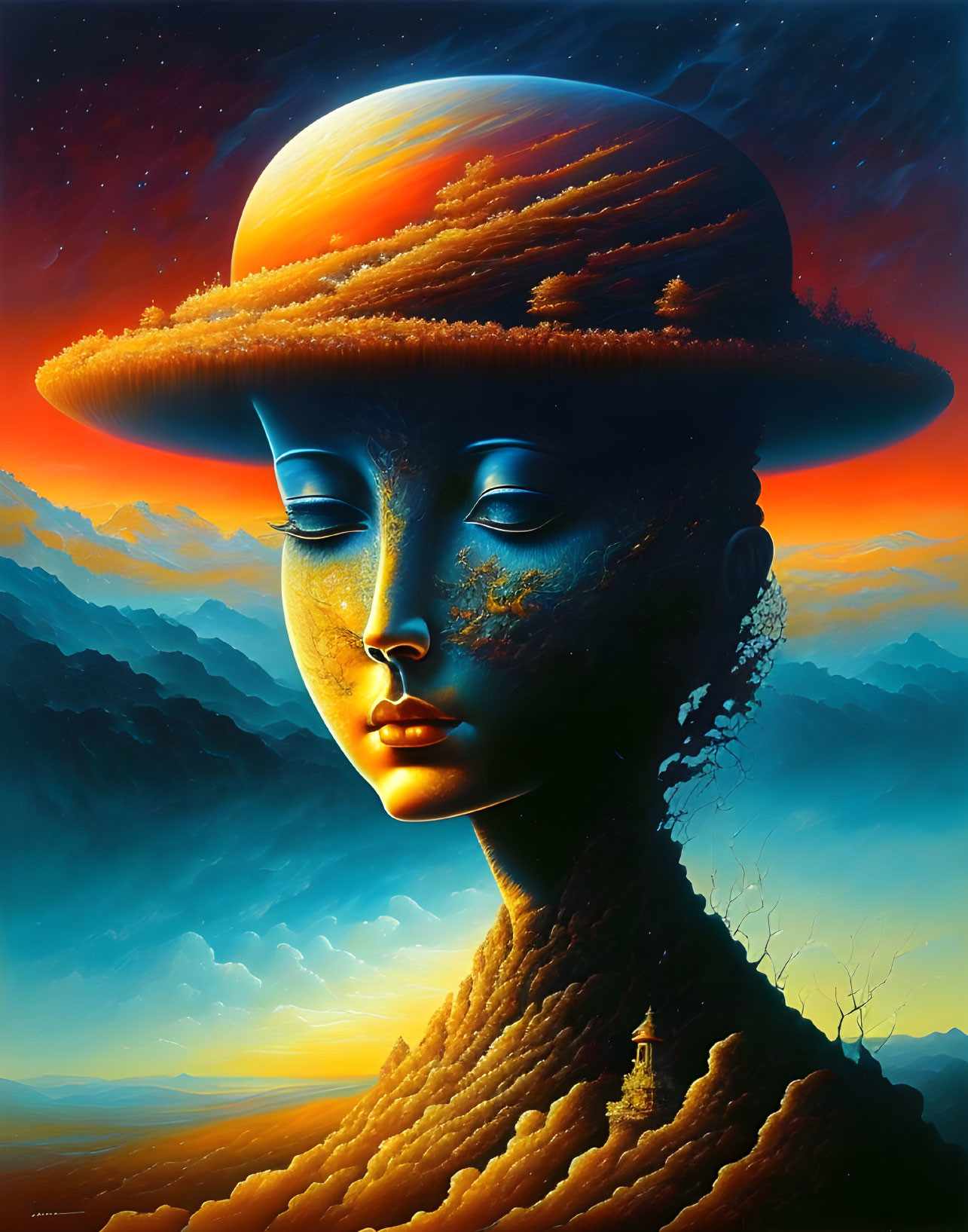 Surreal portrait blending woman's face with landscapes and ringed planet hat