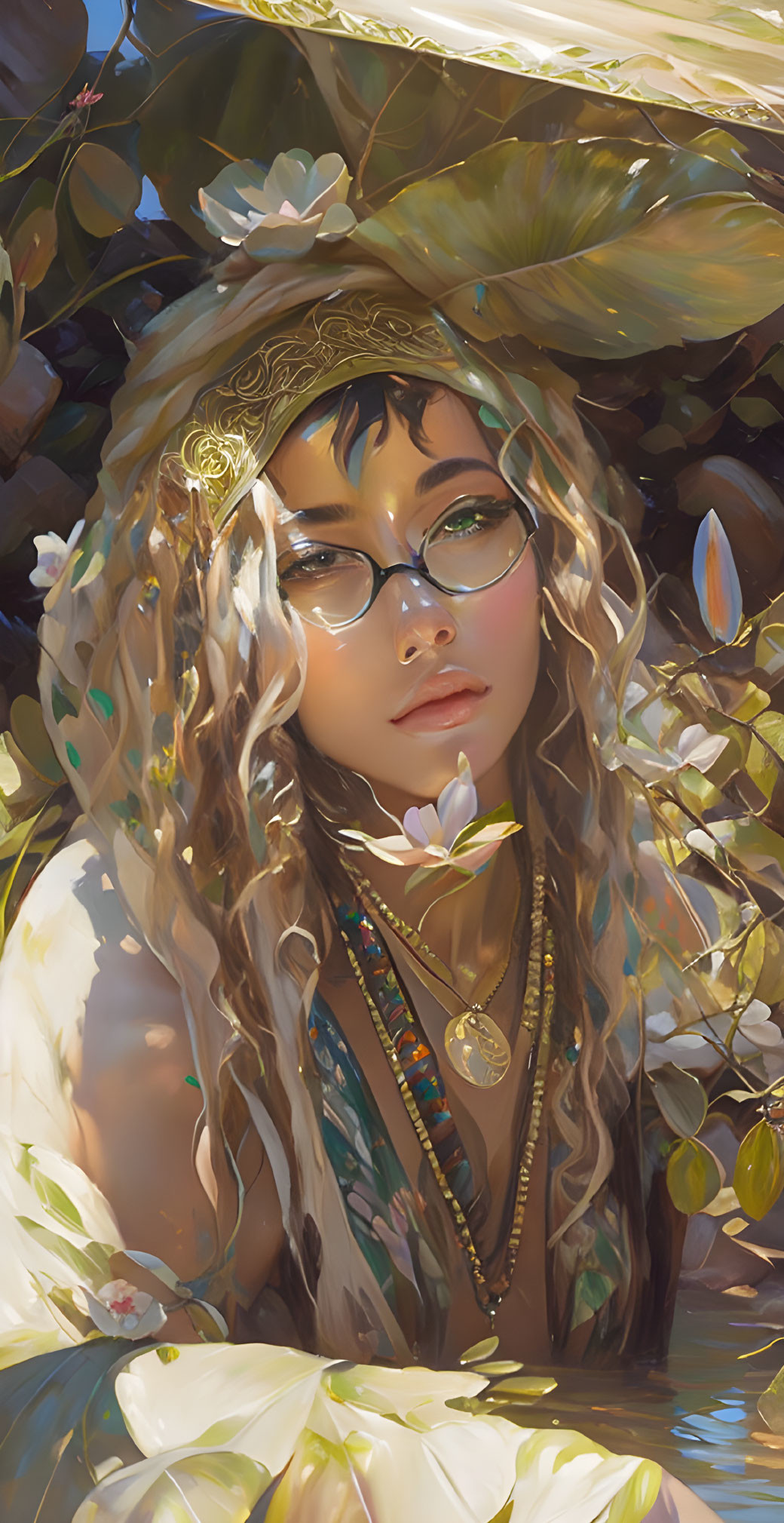 Woman with Glasses Wearing Floral Crown Surrounded by Lush Vegetation