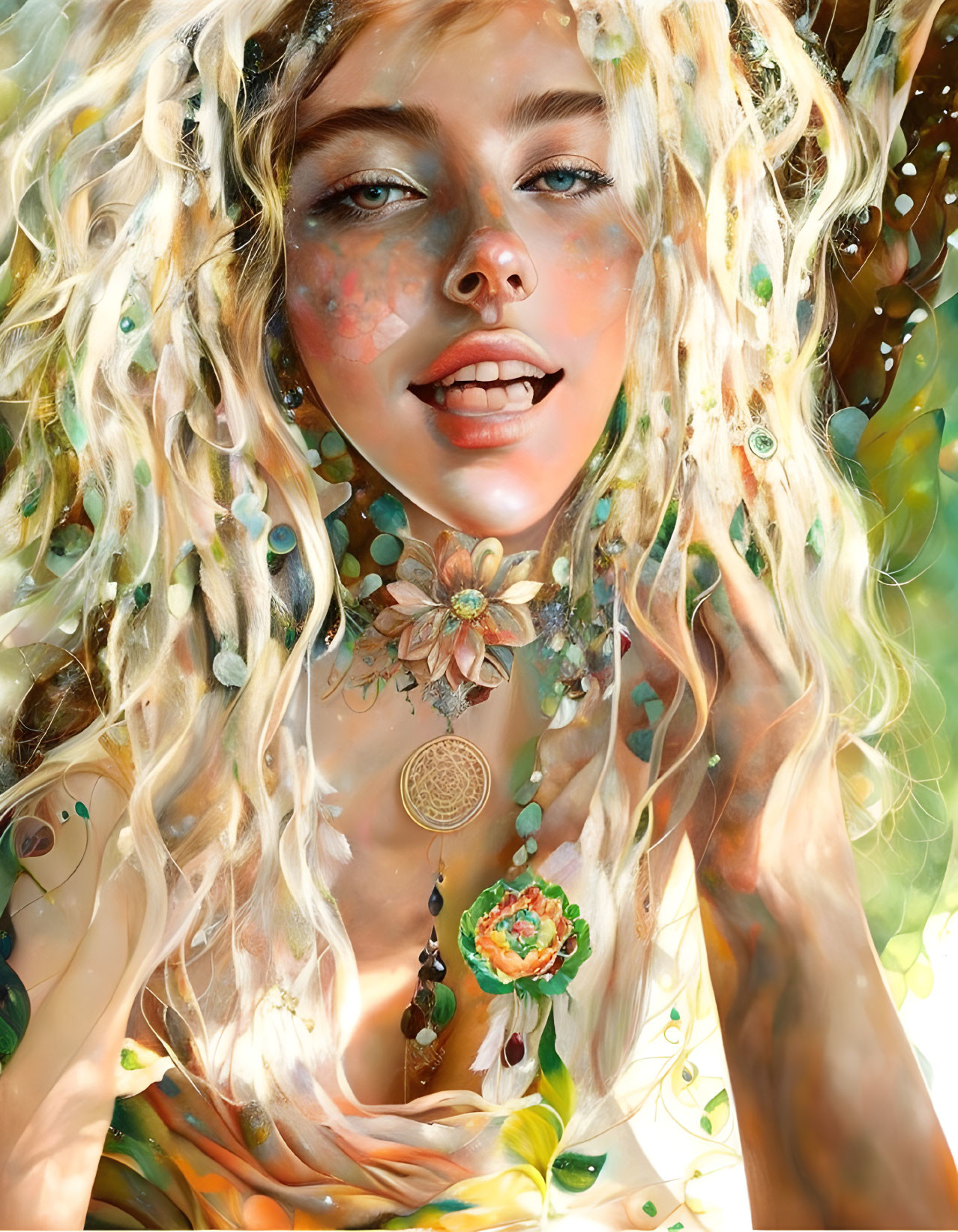 Colorful digital portrait of a woman with wavy blonde hair and floral adornments