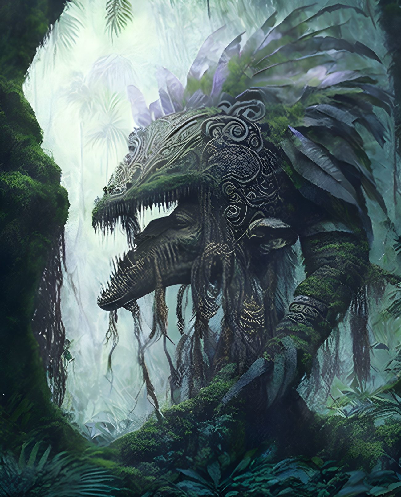 Ornate dinosaur-like creature in misty jungle with lush foliage