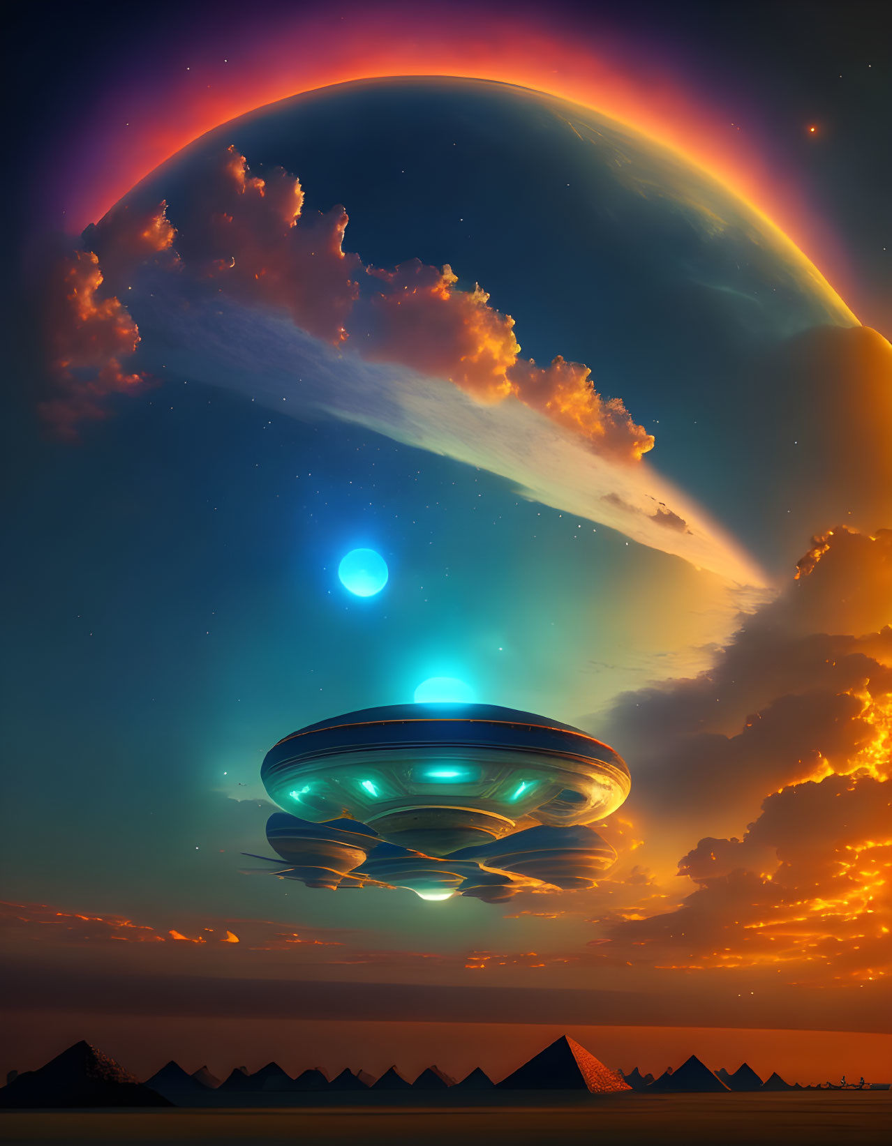 Digital artwork: UFO over pyramids with planet and moon in dusk sky