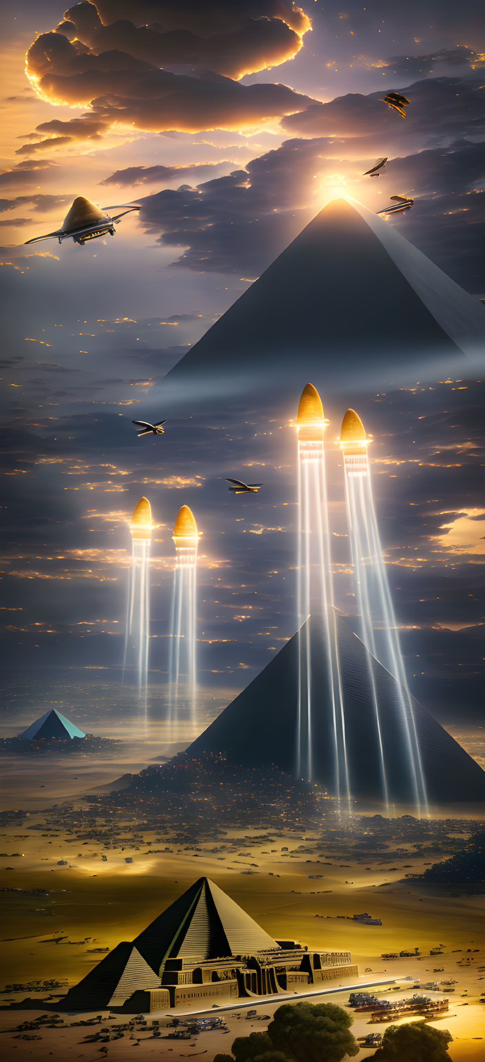 Digital Art: Spaceships over Egyptian Pyramids at Sunset