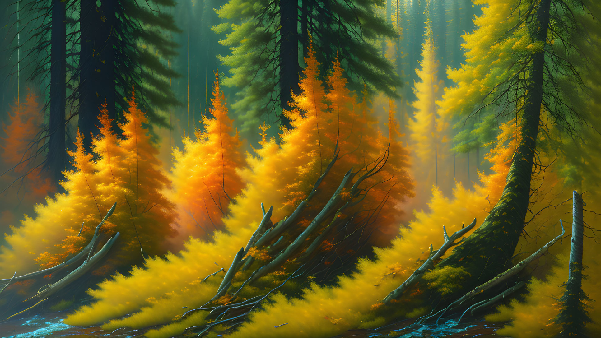 Tranquil forest landscape with sunlight filtering through trees