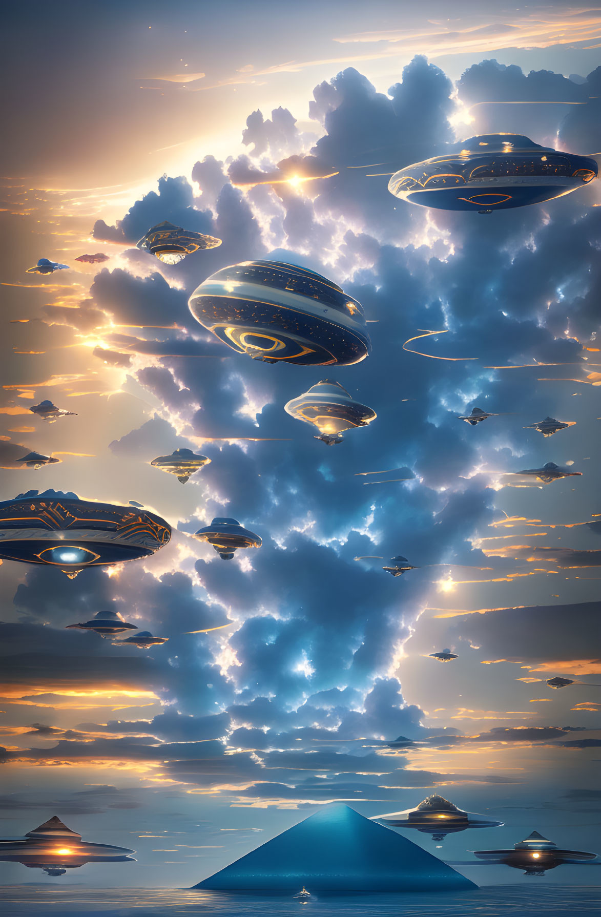 Futuristic spaceships above sunset clouds with pyramids and dramatic sky