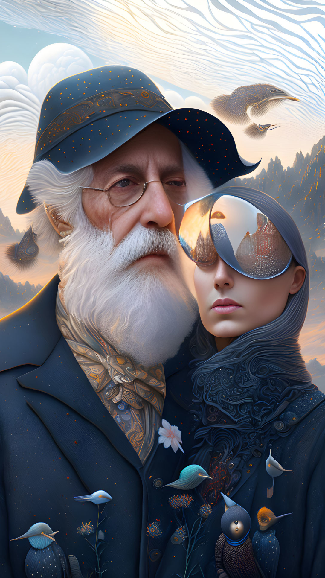 Elderly man and young person in vintage attire with dreamlike birds and clouds