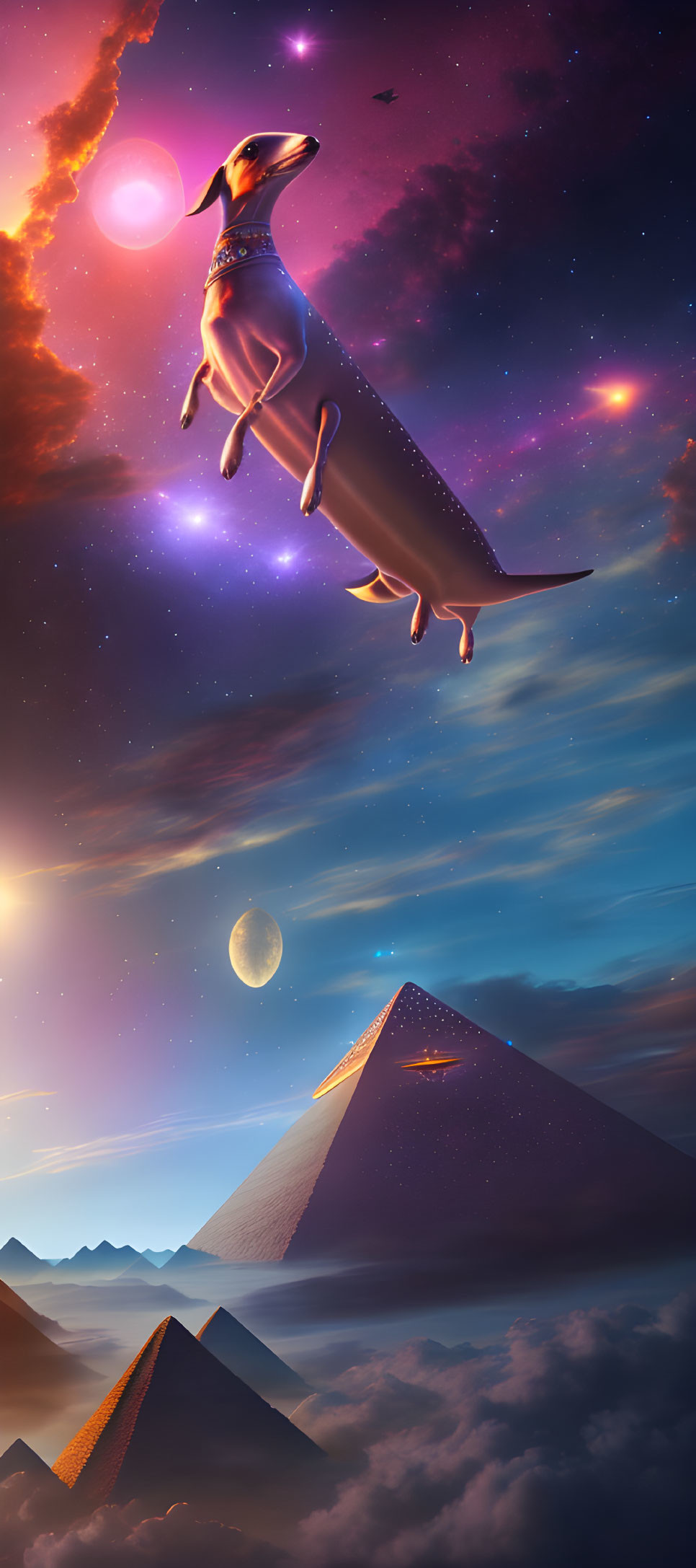 Surreal image: Giant dachshund flies over pyramids under cosmic sky