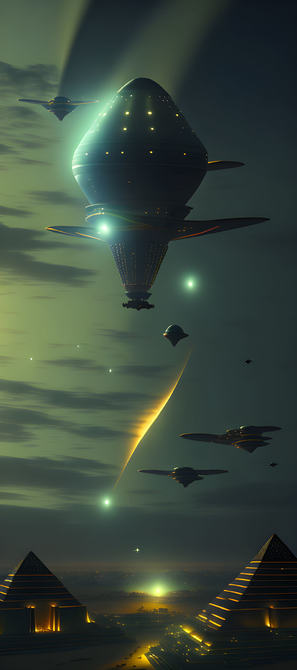 Futuristic airships over ancient pyramid landscape at dusk